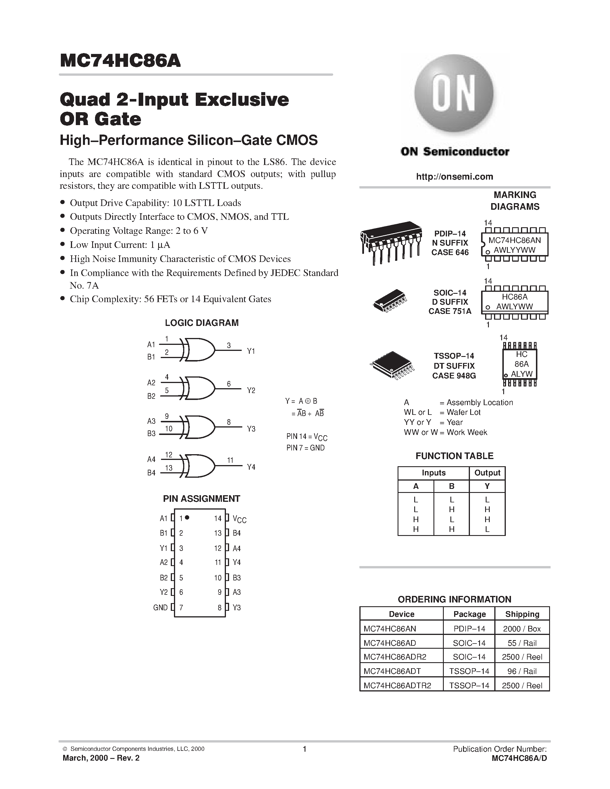 Даташит MC74HC86A - Quad 2-Input Exclusive OR Gate страница 1
