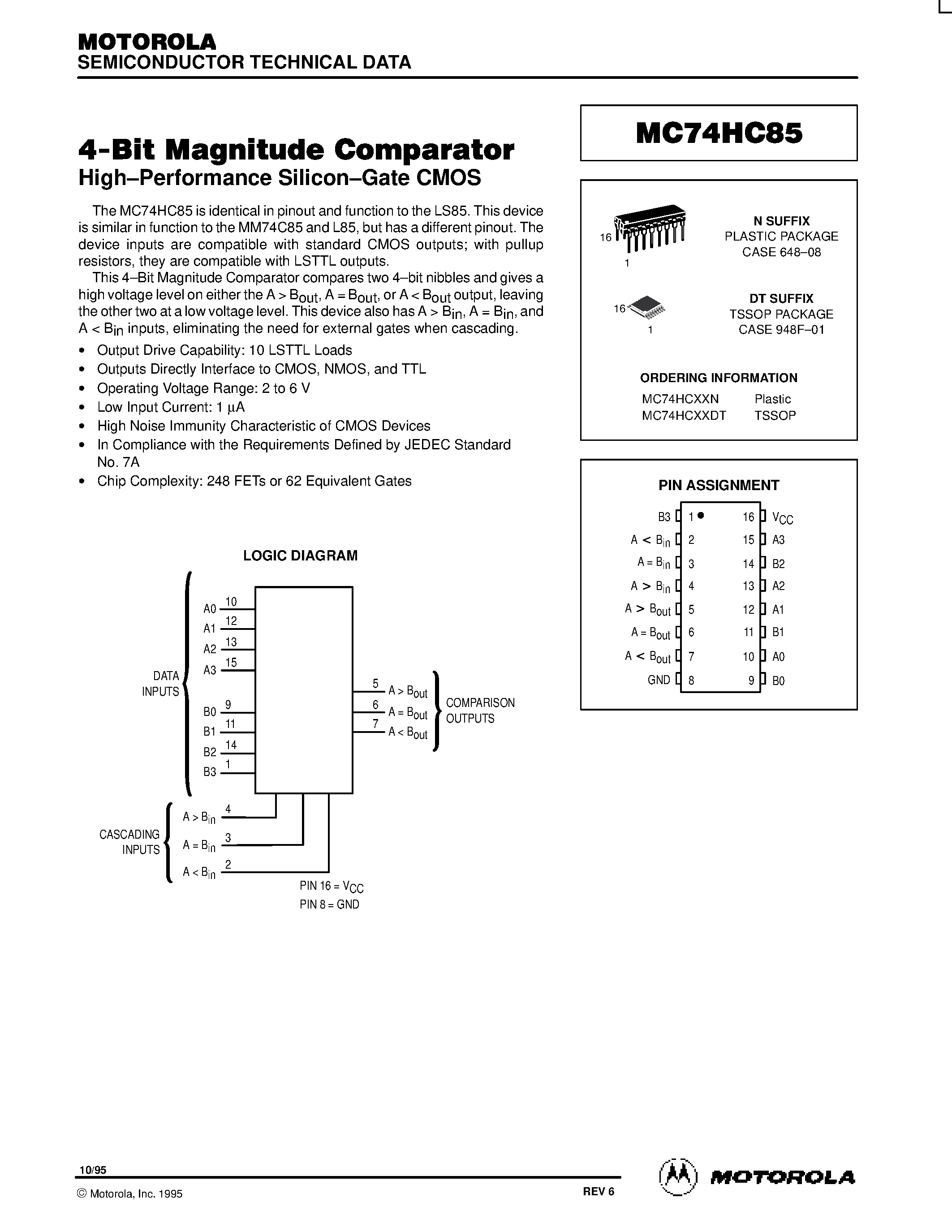 Datasheet MC74HC85 - 4-Bit Magnitude Comparator page 1