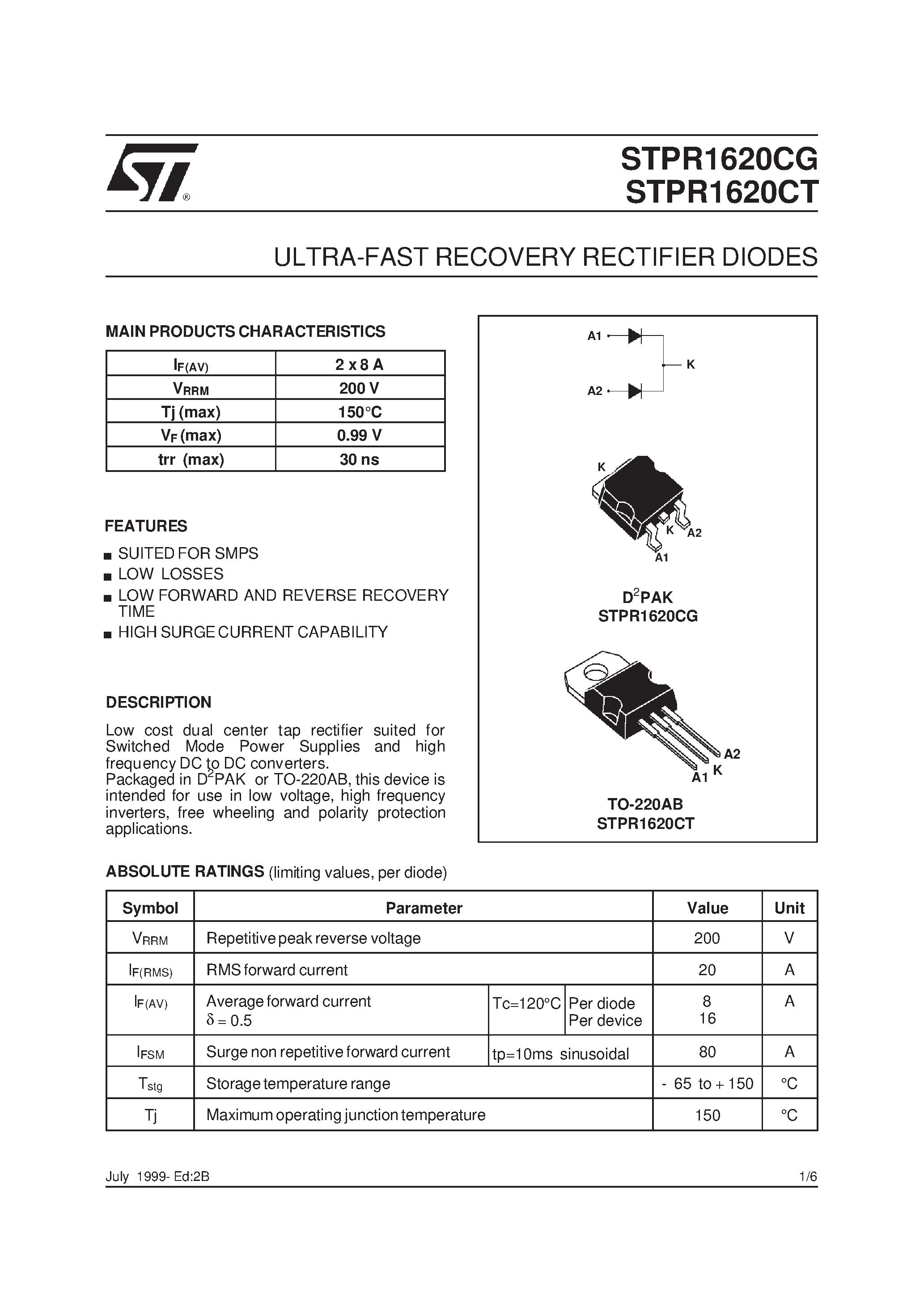 Datasheet STPR1620 page 1 Datasheet STPR1620 - ULTRA-FAST RECOVERY RECTIFIER DIODES page 1