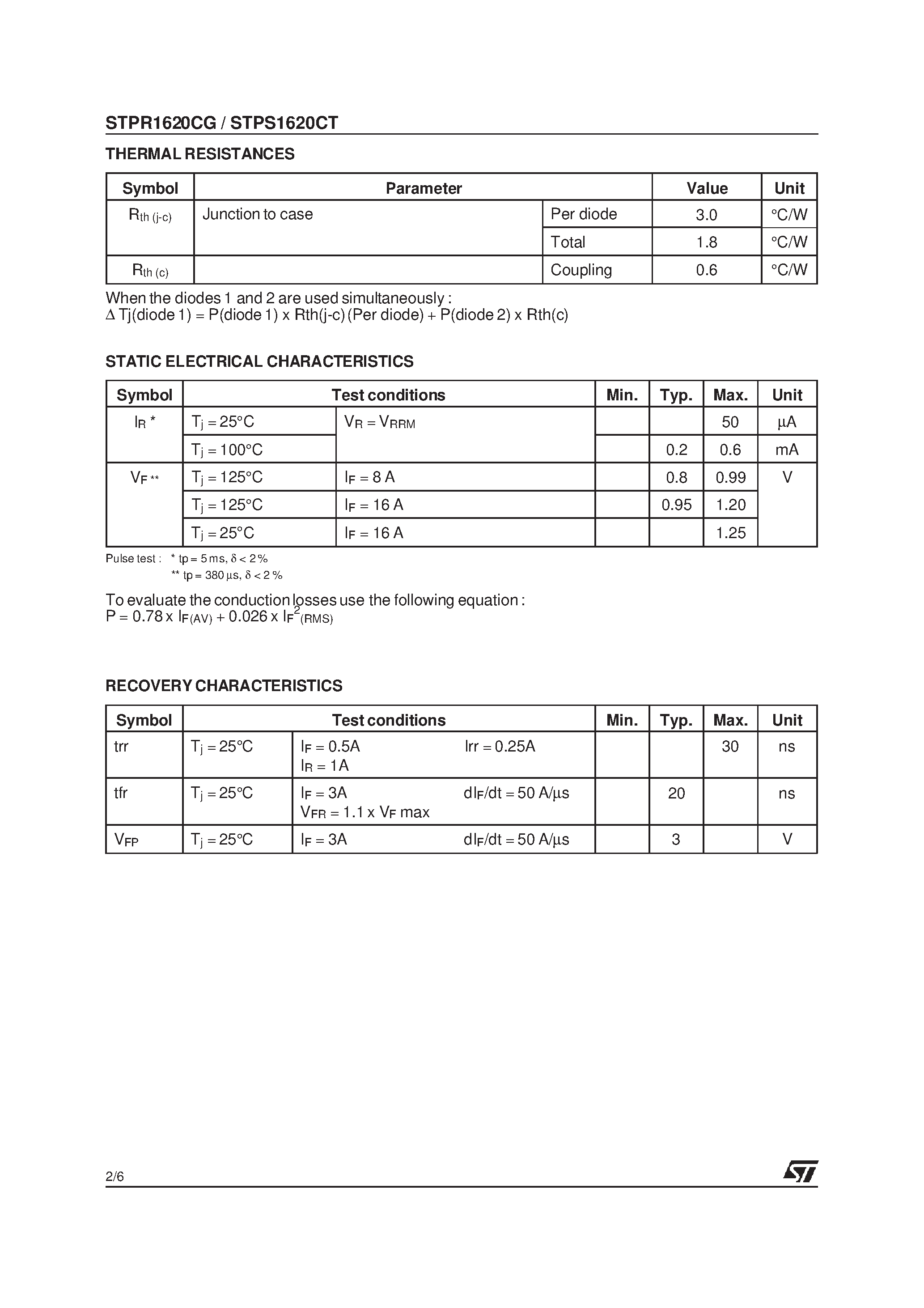 Datasheet STPR1620 page 2 Datasheet STPR1620 - ULTRA-FAST RECOVERY RECTIFIER DIODES page 2