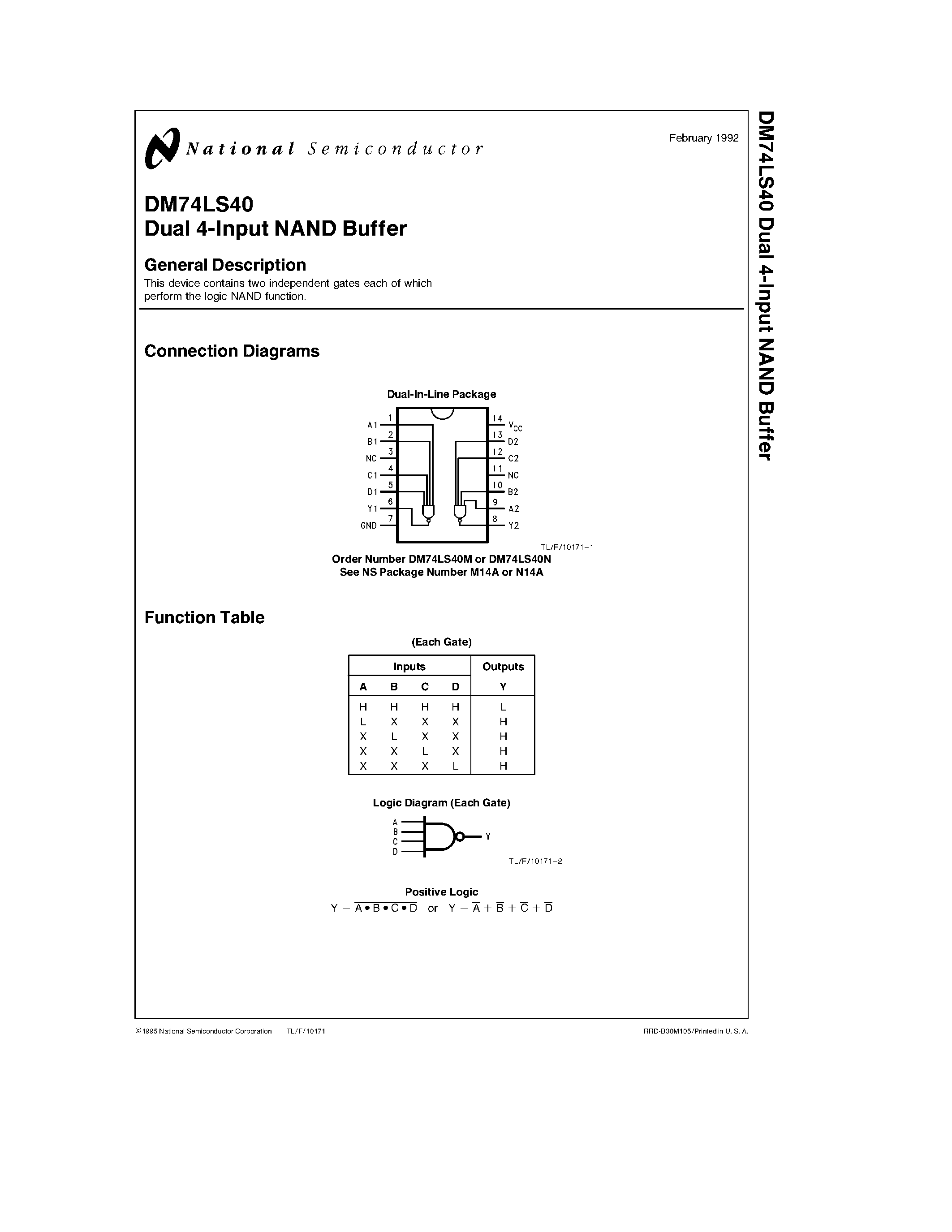 Datasheet DM74LS40 page 1 Datasheet DM74LS40 - Dual 4-Input NAND Buffer page 1