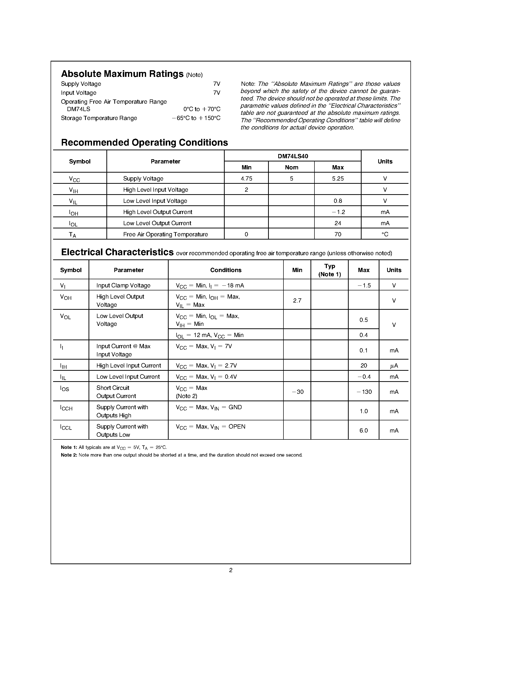 Datasheet DM74LS40 page 2 Datasheet DM74LS40 - Dual 4-Input NAND Buffer page 2