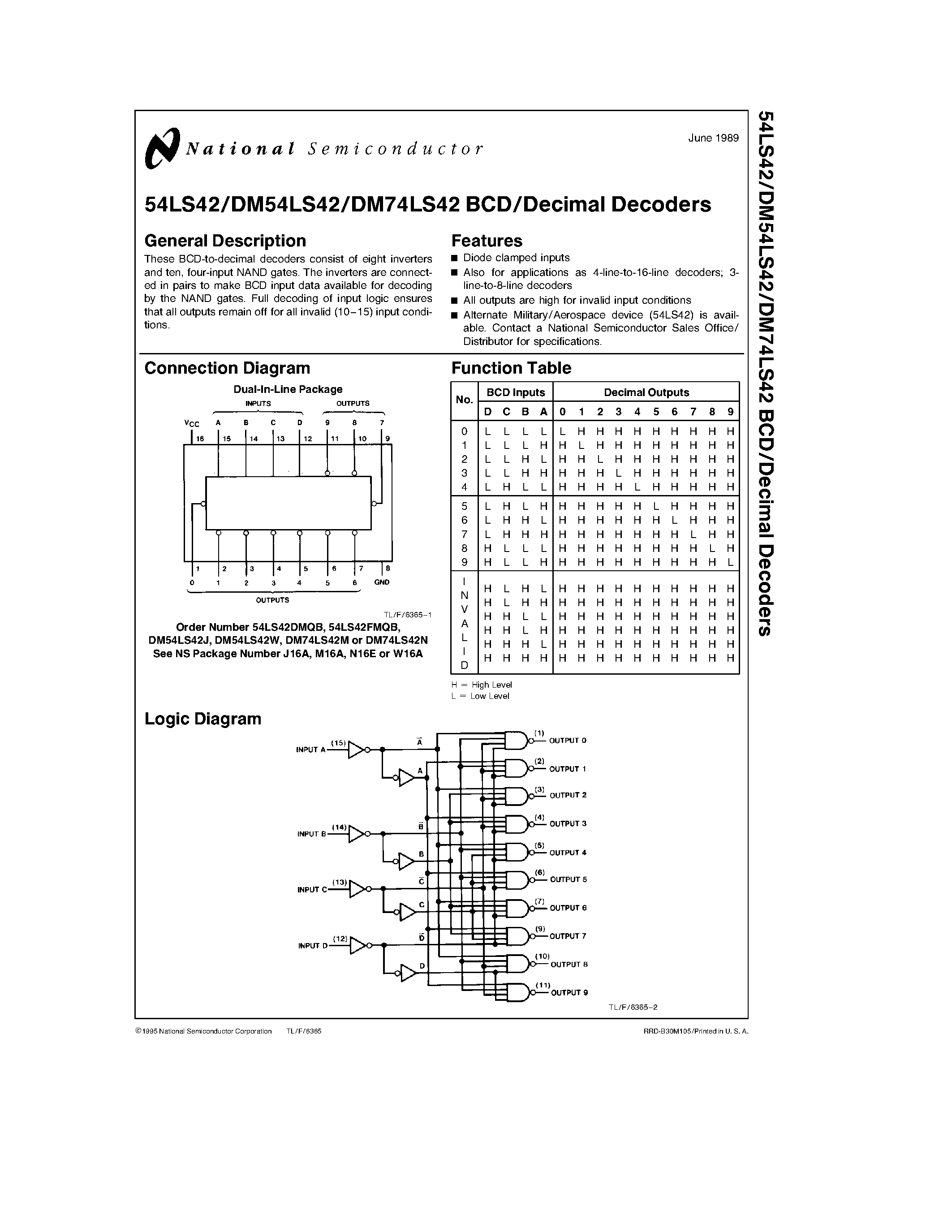 Datasheet DM74LS42 - Decimal Decoders page 1