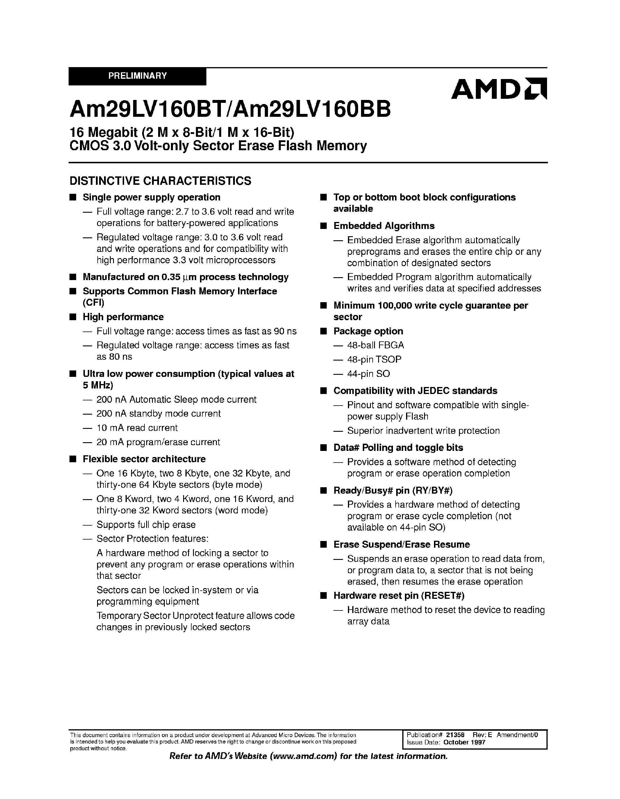 Datasheet 29LV160B - 16 Megabit CMOS 3 Volt-only Sector Erase Flash Memory page 1