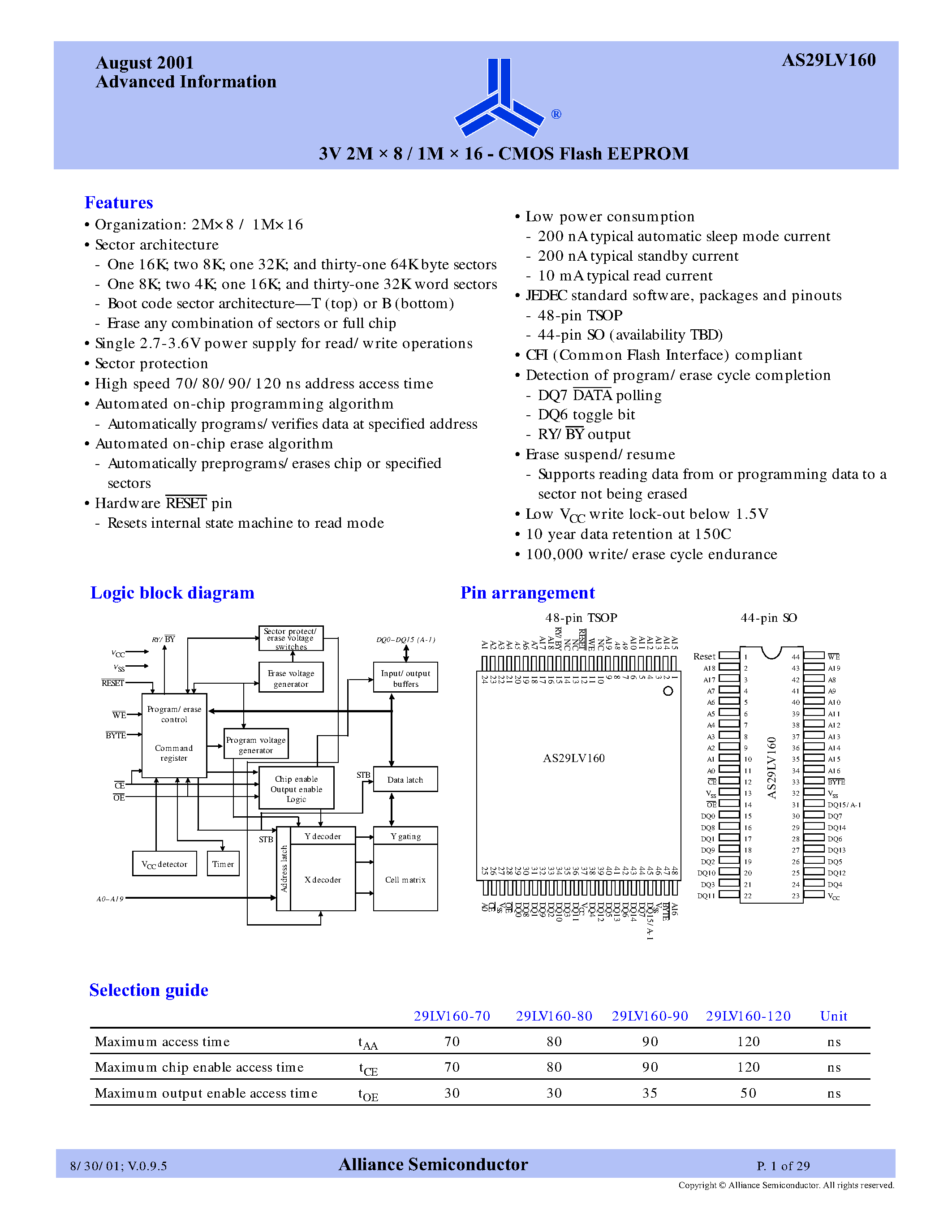 Datasheet AS29LV160 - 3V 2M x 8 / 1M x 16 CMOS Flash EEPROM page 1