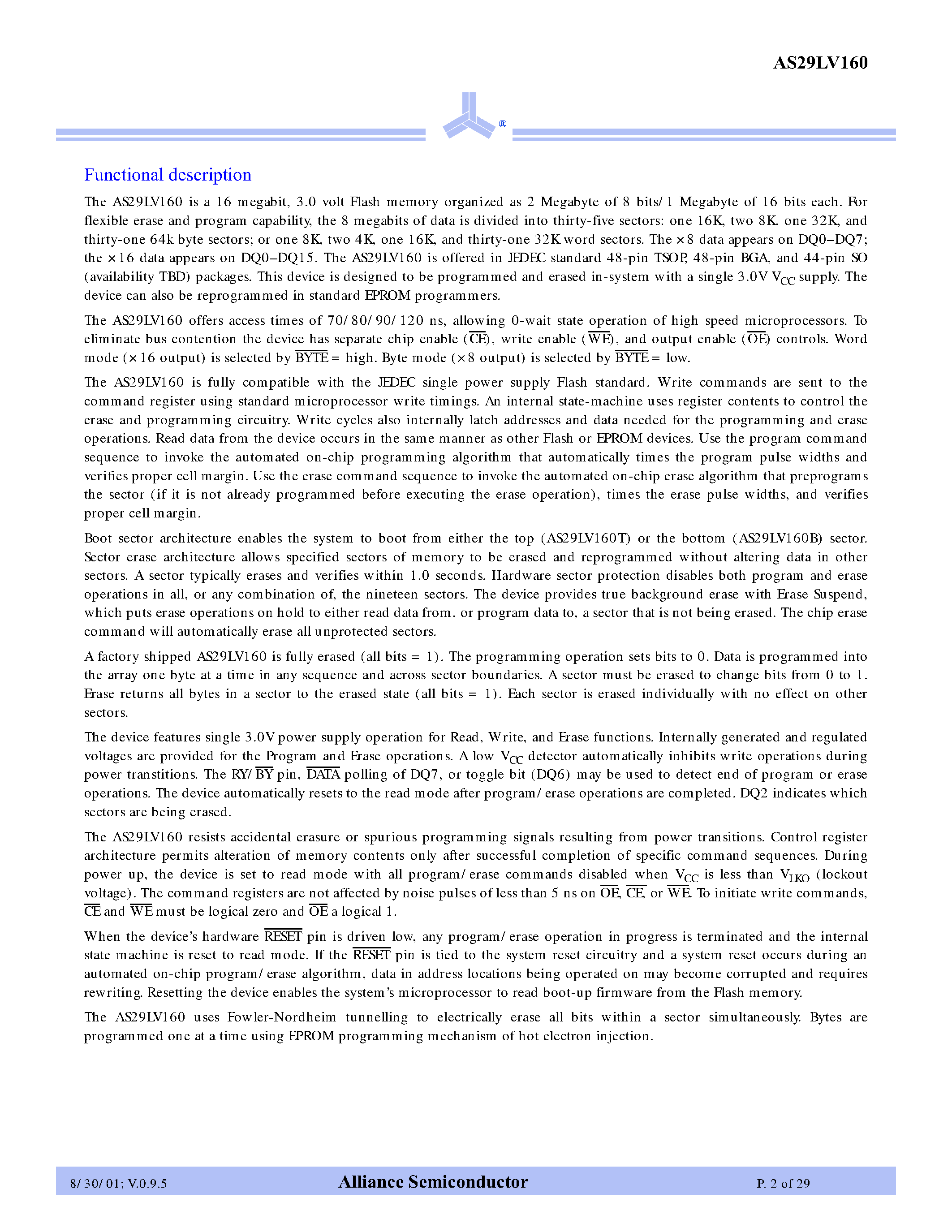 Datasheet AS29LV160 - 3V 2M x 8 / 1M x 16 CMOS Flash EEPROM page 2