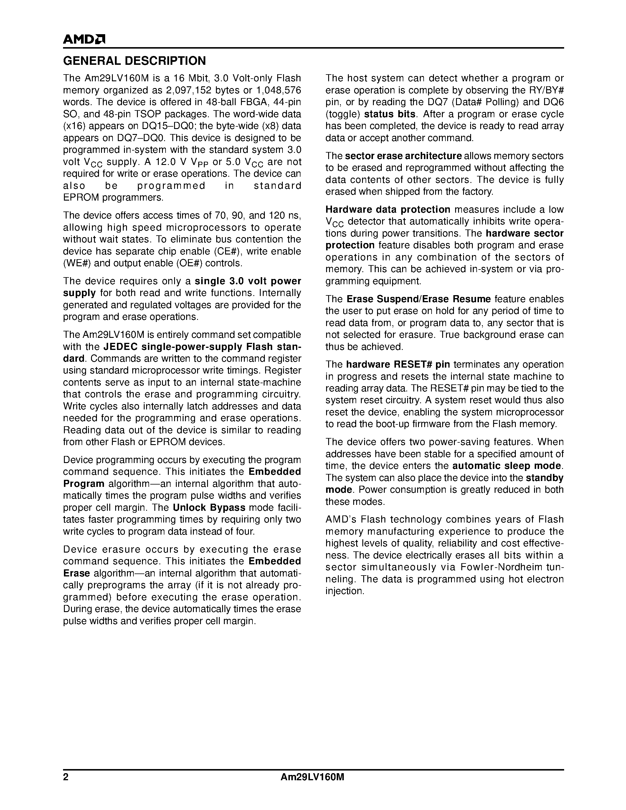 Datasheet 29LV160M - 16 Megabit 3 Volt-only Sector Erase Flash Memory page 2