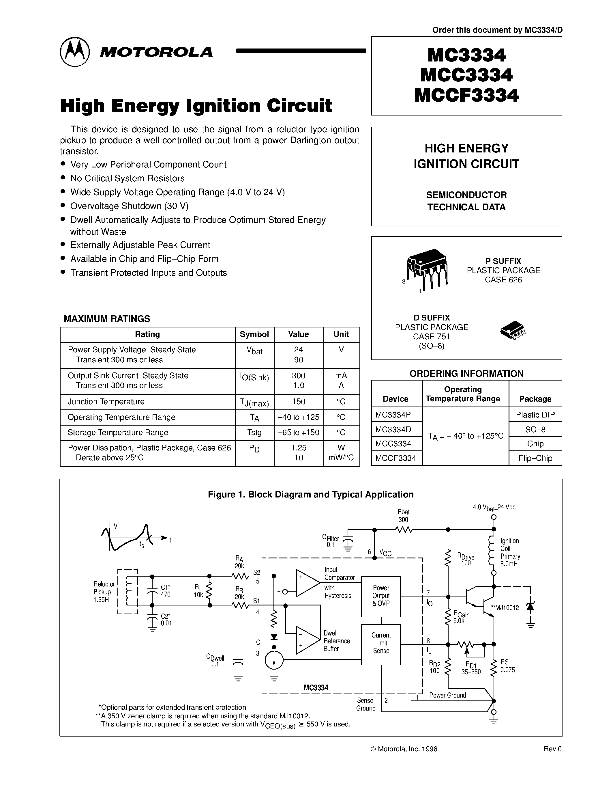 Datasheet MC3334 page 1 Datasheet MC3334 - HIGH ENERGY IGNITION CIRCUIT page 1