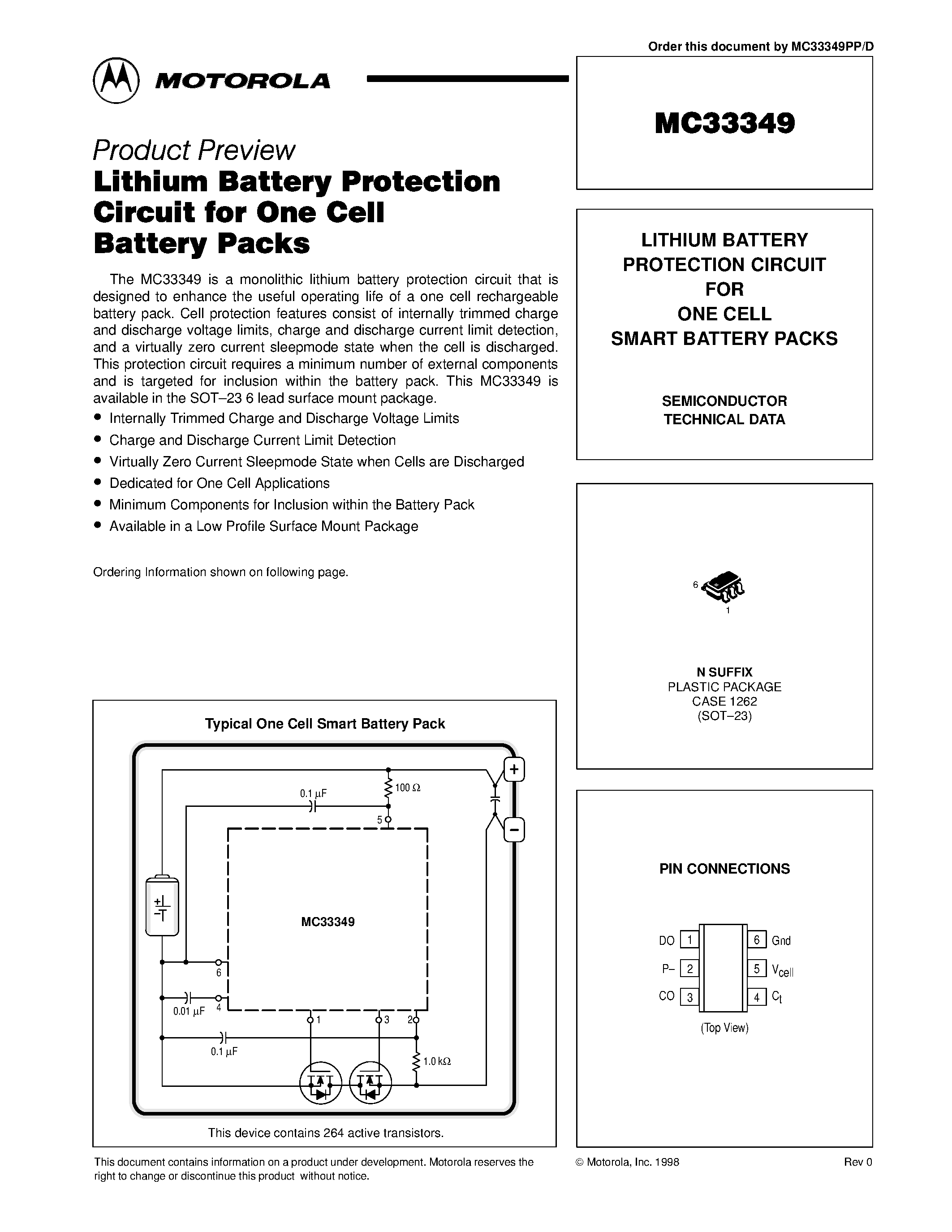 Даташит MC33349 - LITHIUM BATTERY PROTECTION CIRCUIT FOR ONE CELL SMART BATTERY PACKS страница 1
