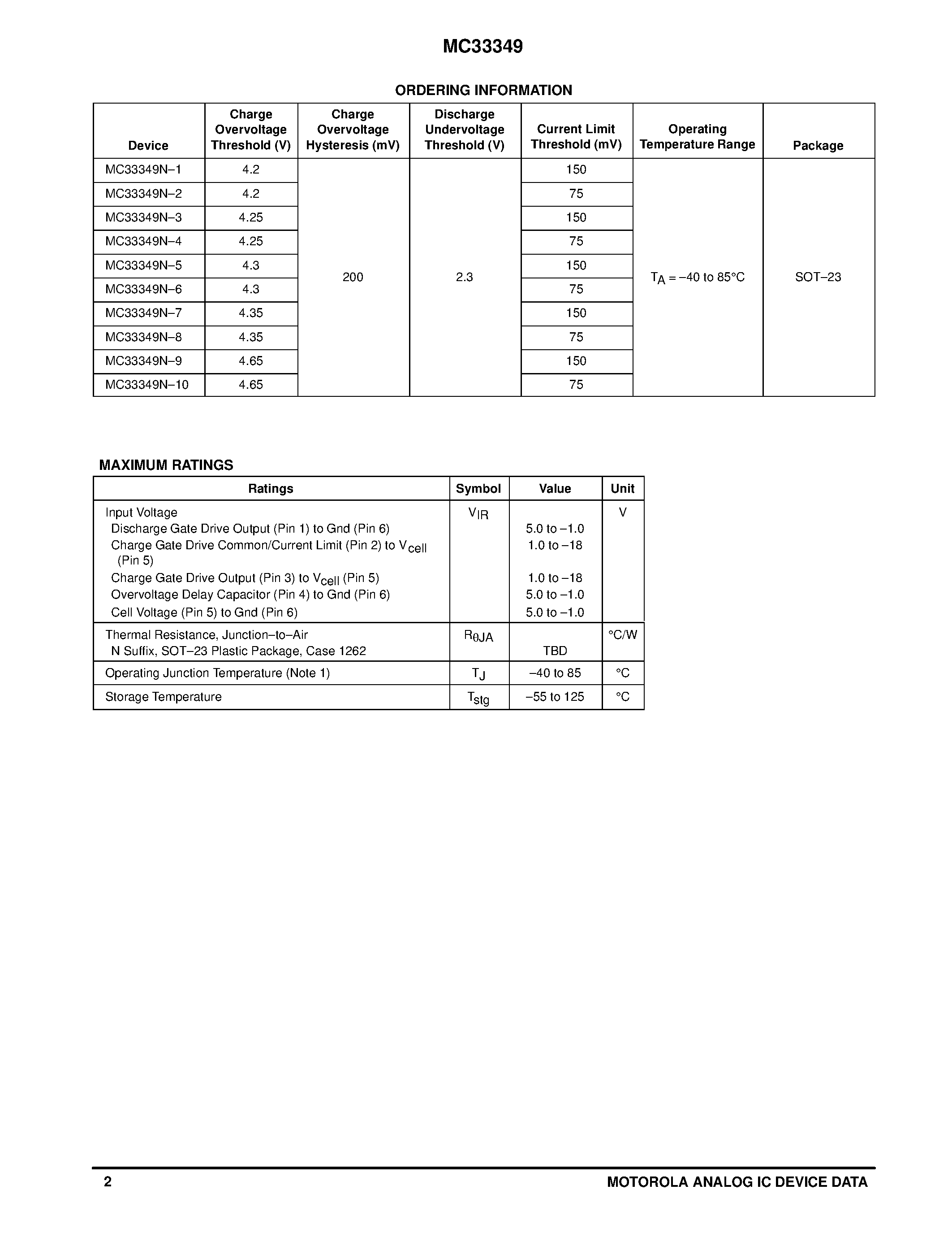 Даташит MC33349 - LITHIUM BATTERY PROTECTION CIRCUIT FOR ONE CELL SMART BATTERY PACKS страница 2