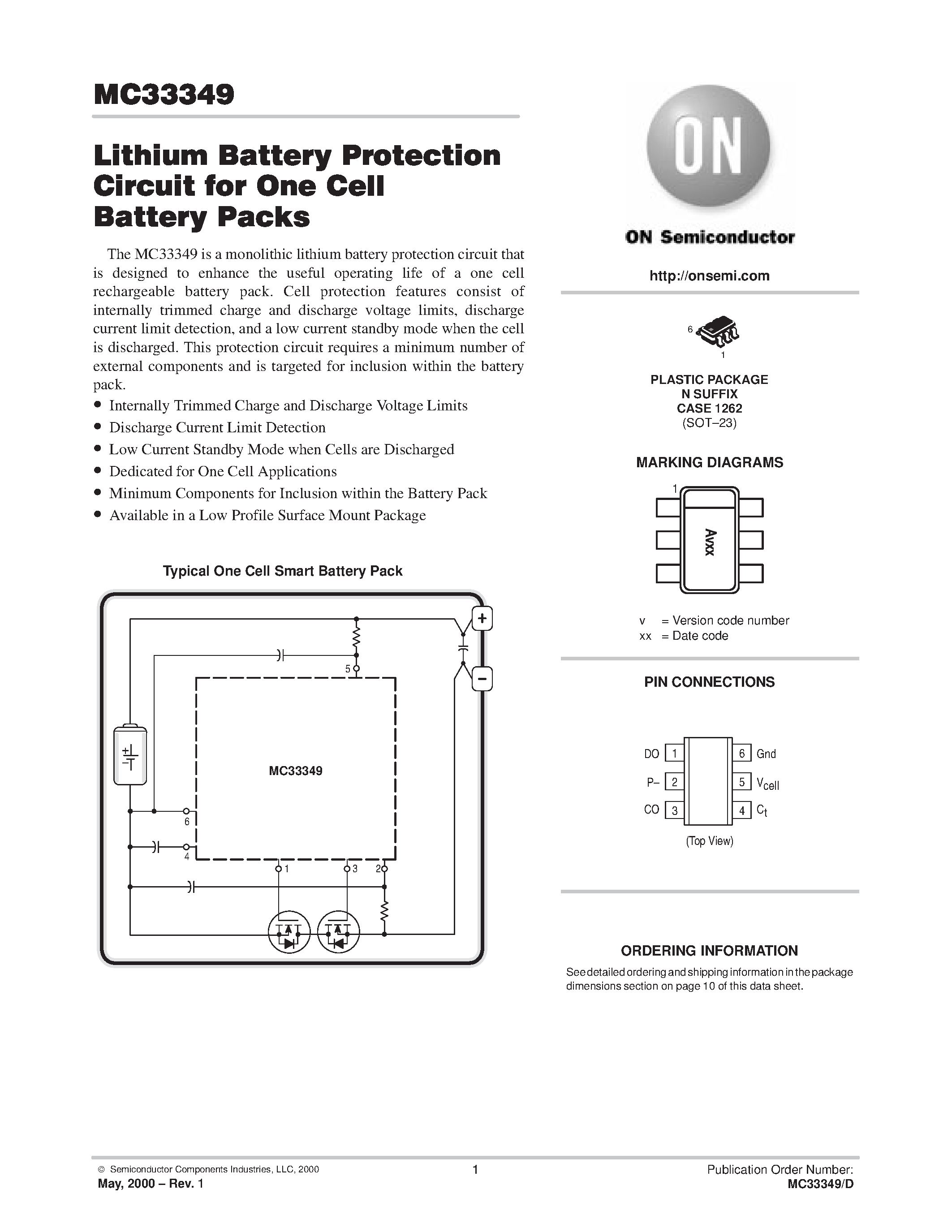 Datasheet MC33349 page 1 Datasheet MC33349 - Lithium Battery Protection Circuit for One Cell Battery Packs page 1