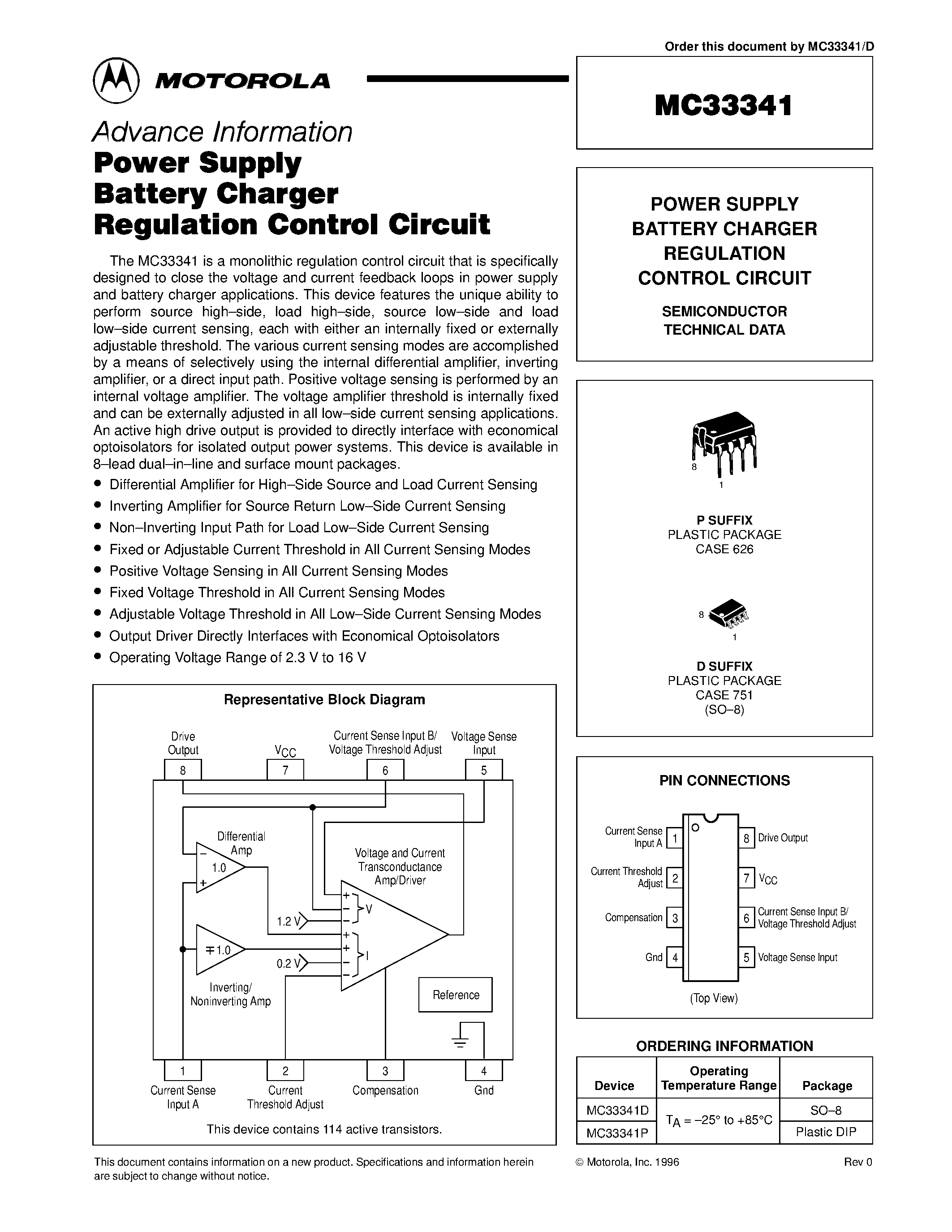 Datasheet MC33341 page 1 Datasheet MC33341 - POWER SUPPLY BATTERY CHARGER REGULATION CONTROL CIRCUIT page 1