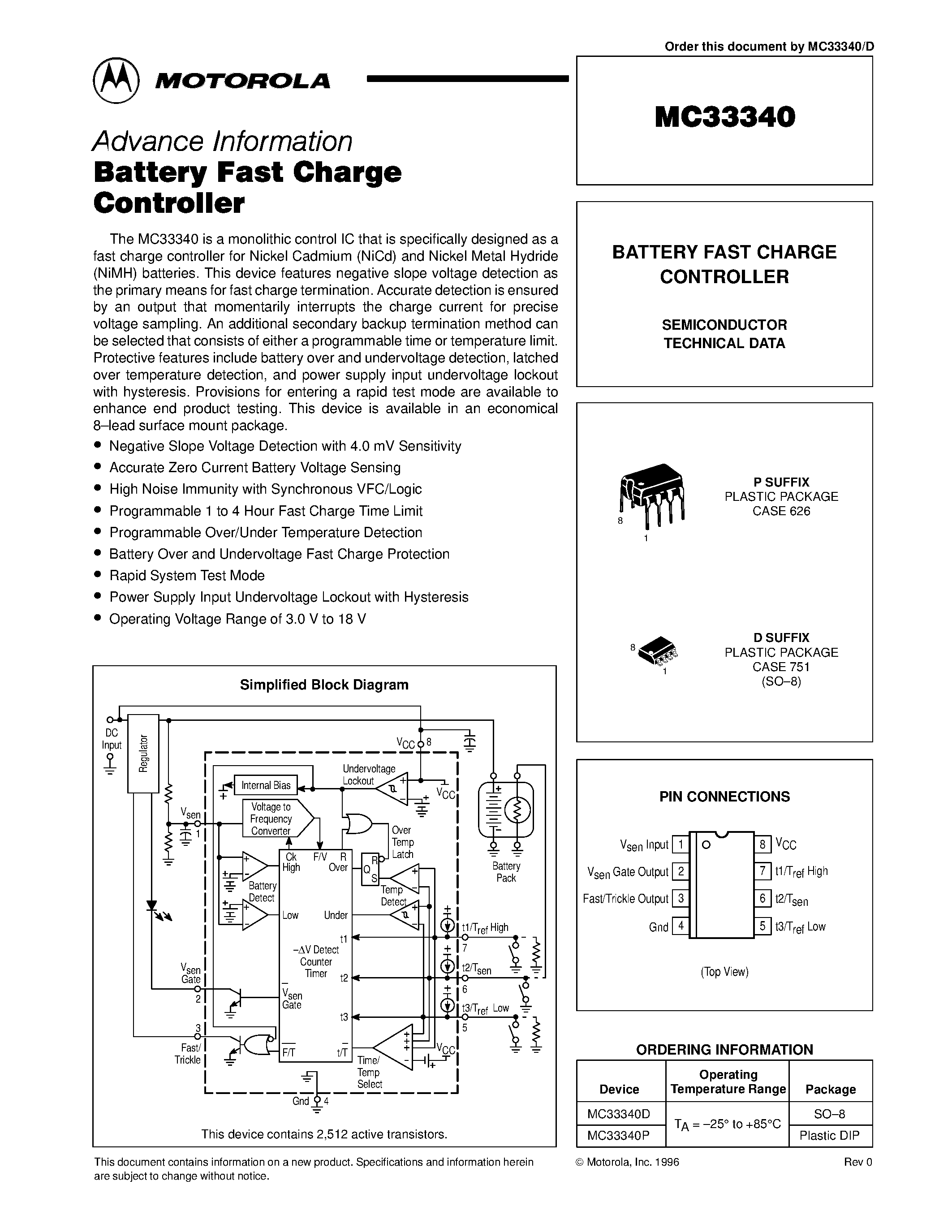 Даташит на микросхему MC33340 страница 1 Даташит MC33340 - BATTERY FAST CHARGE CONTROLLER страница 1