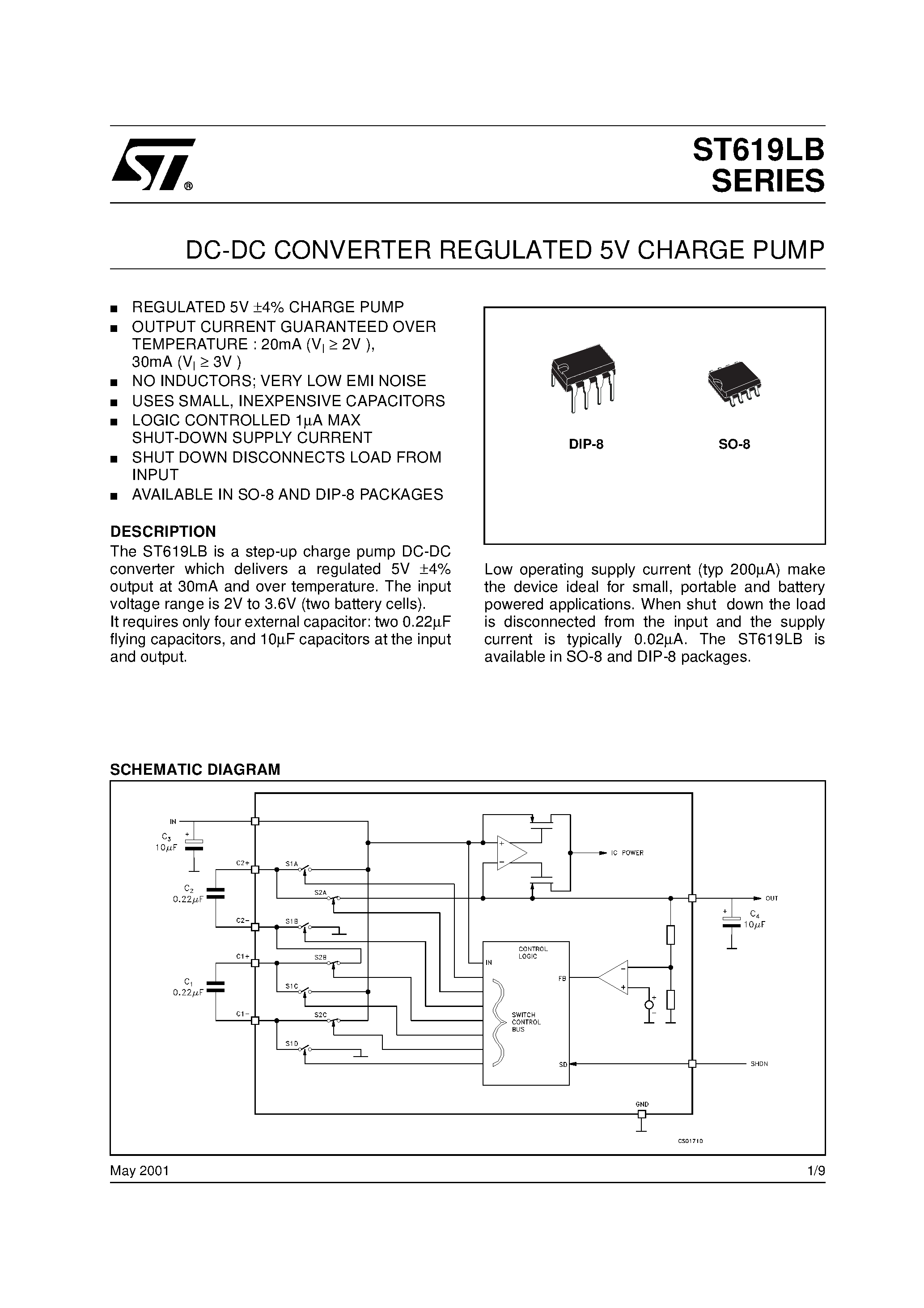 Datasheet ST619LB page 1 Datasheet ST619LB - DC-DC CONVERTER REGULATED 5V CHARGE PUMP page 1