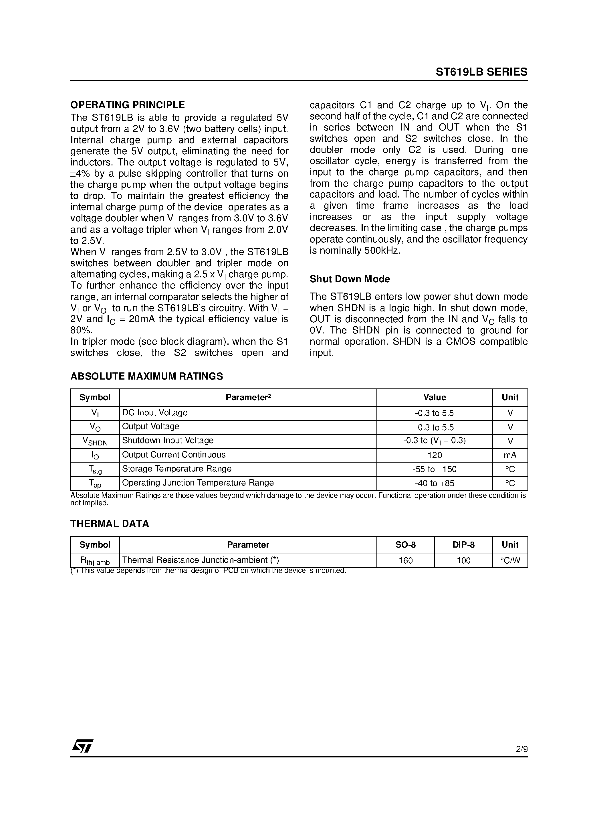 Datasheet ST619LB page 2 Datasheet ST619LB - DC-DC CONVERTER REGULATED 5V CHARGE PUMP page 2