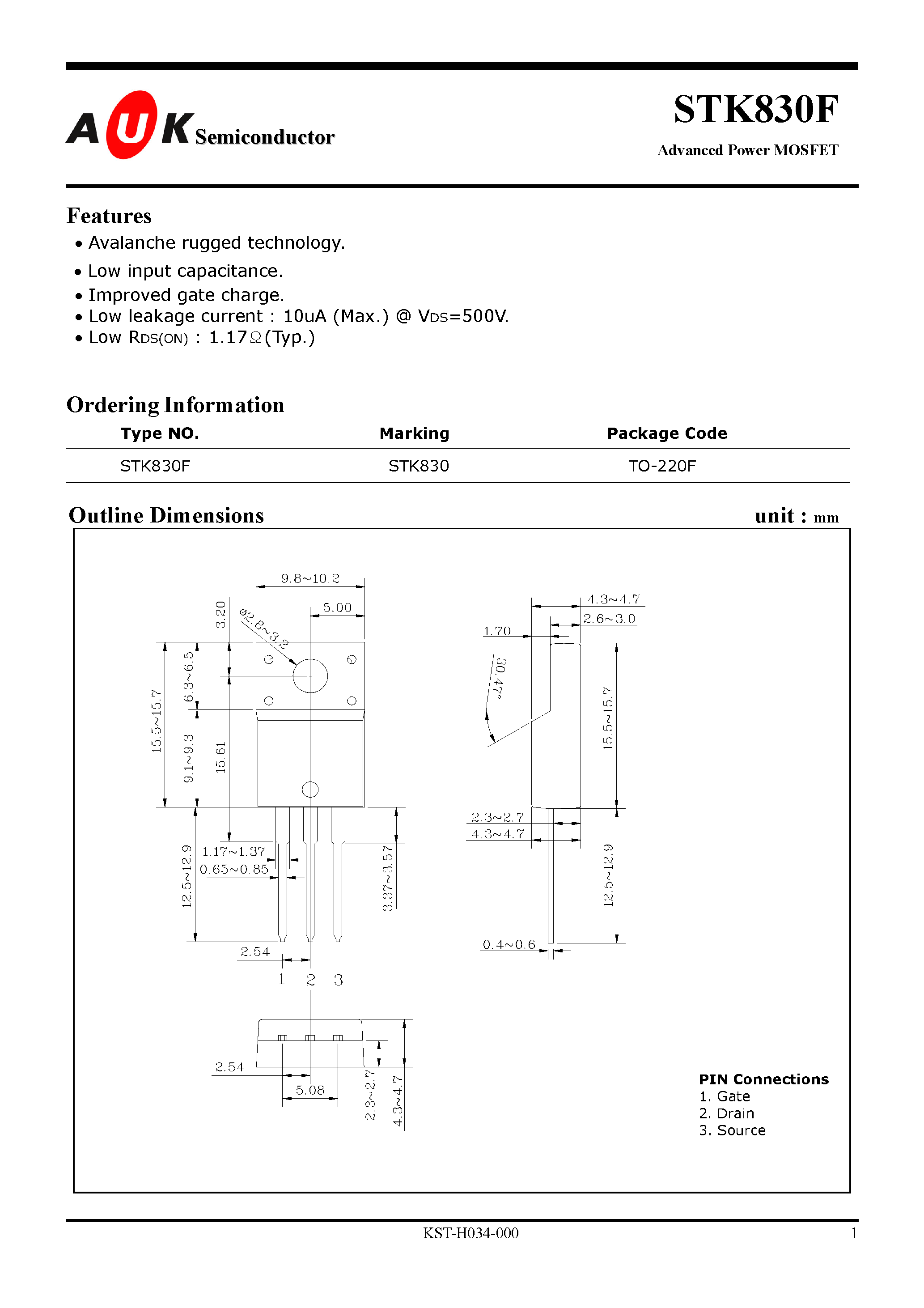 Datasheet STK830F page 1 Datasheet STK830F - Advanced Power MOSFET page 1