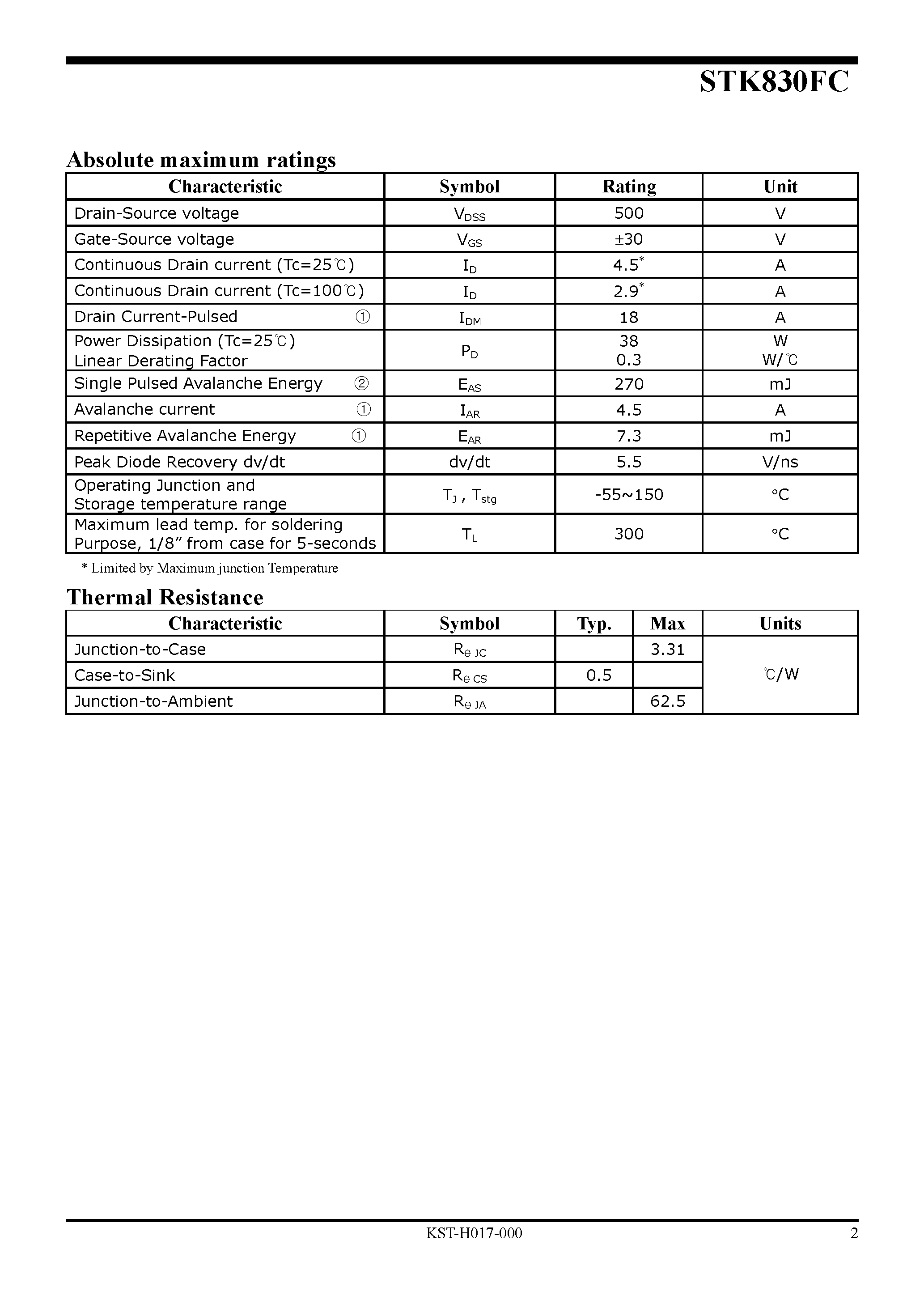 Datasheet STK830FC page 2 Datasheet STK830FC - Advanced Power MOSFET page 2