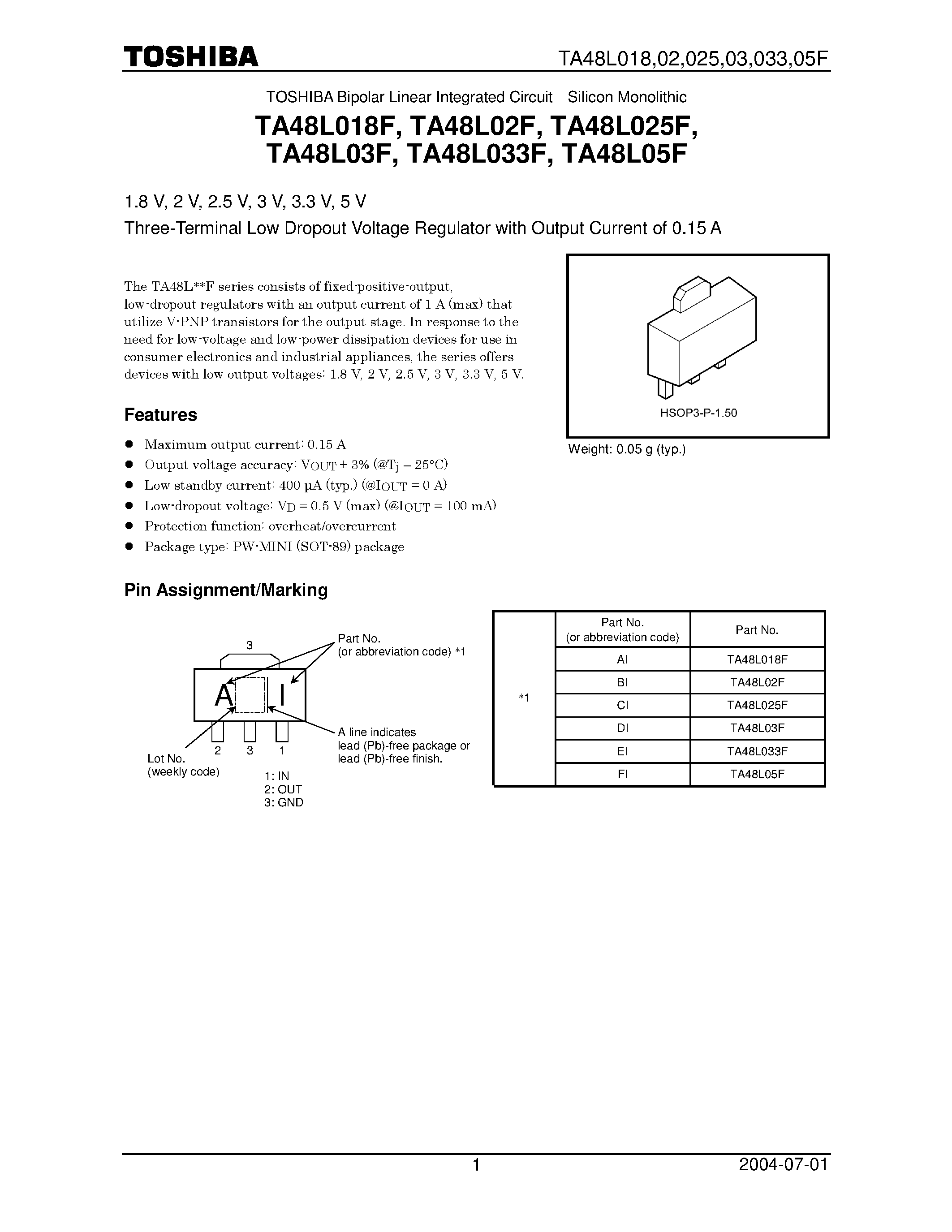 Datasheet TA48L0xxF - Three-Terminal Low Dropout Voltage Regulator with Output Current of 0.15 A page 1