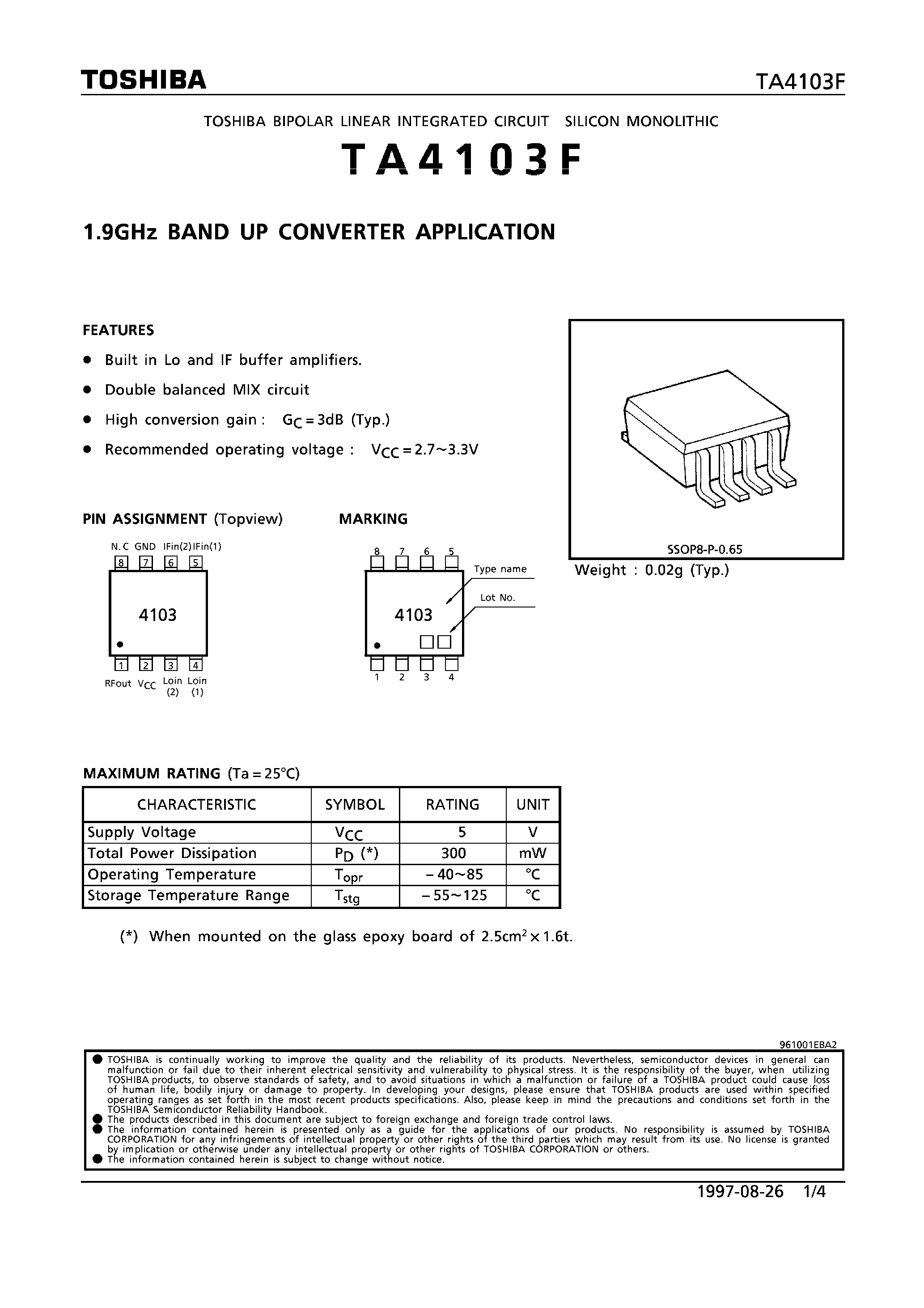 Datasheet TA4103F page 1 Datasheet TA4103F - 1.9GHz BAND UP CONVERTER APPLICATION page 1