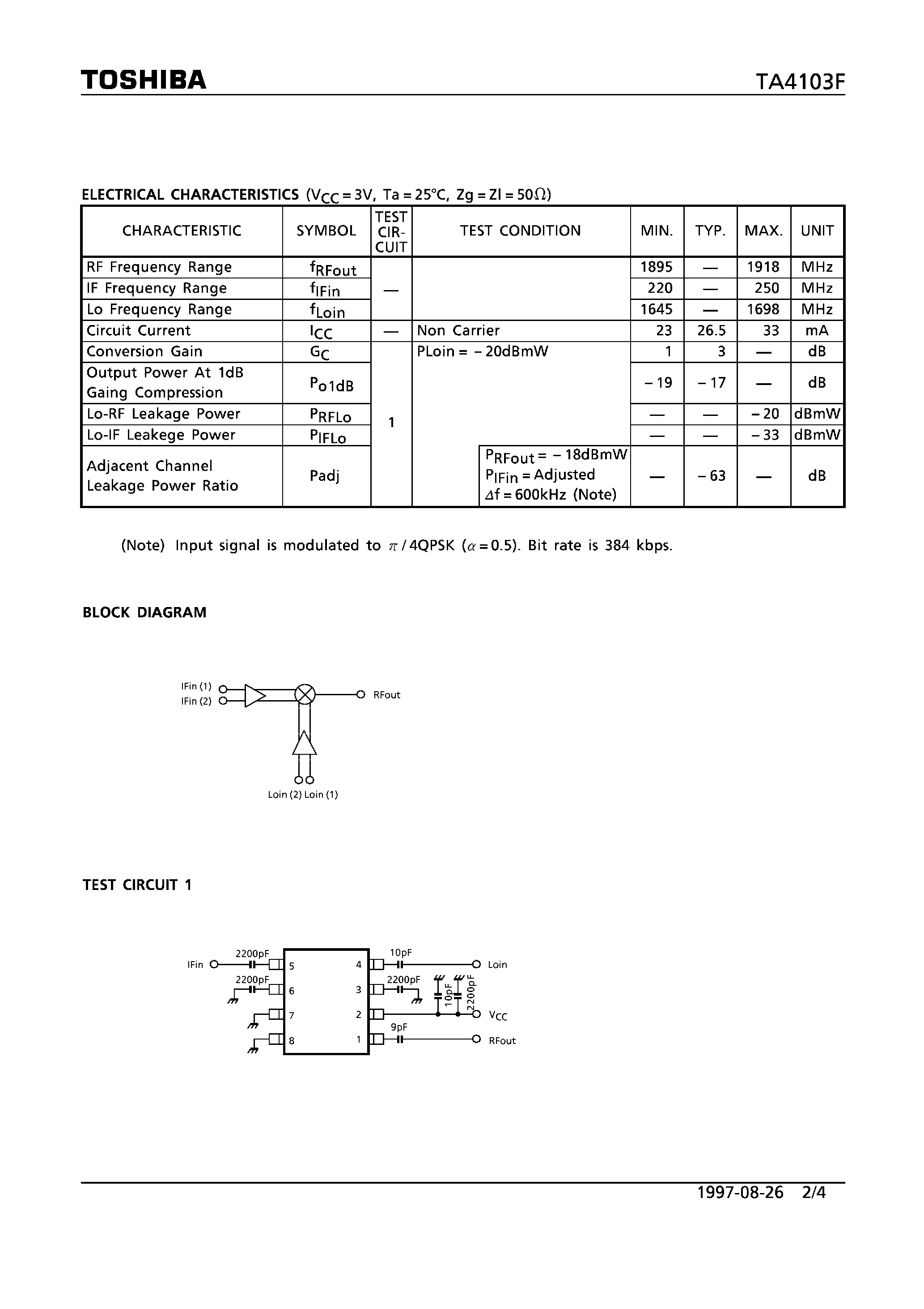 Datasheet TA4103F page 2 Datasheet TA4103F - 1.9GHz BAND UP CONVERTER APPLICATION page 2