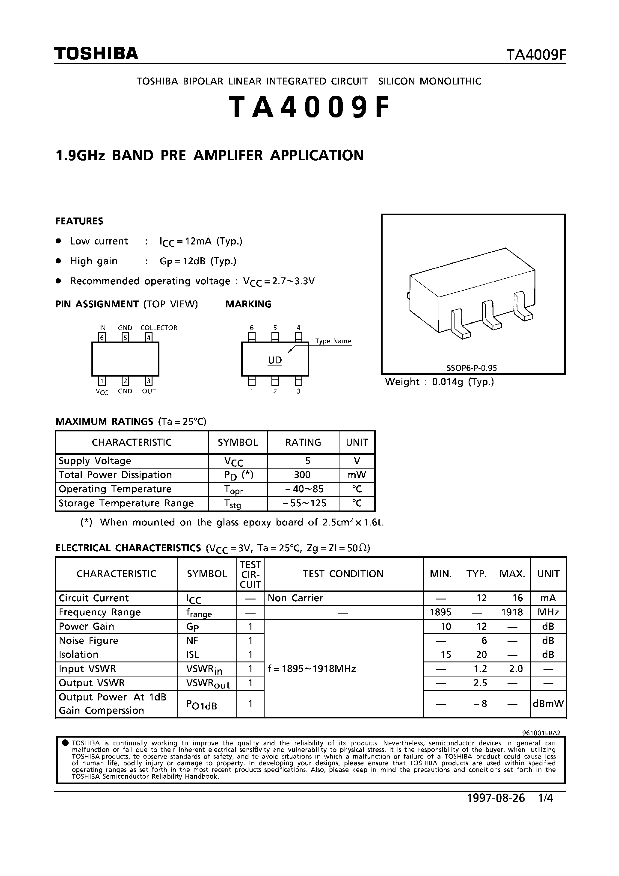 Datasheet TA4009F - 1.9GHz BAND PRE AMPLIFIER APPLICATION page 1