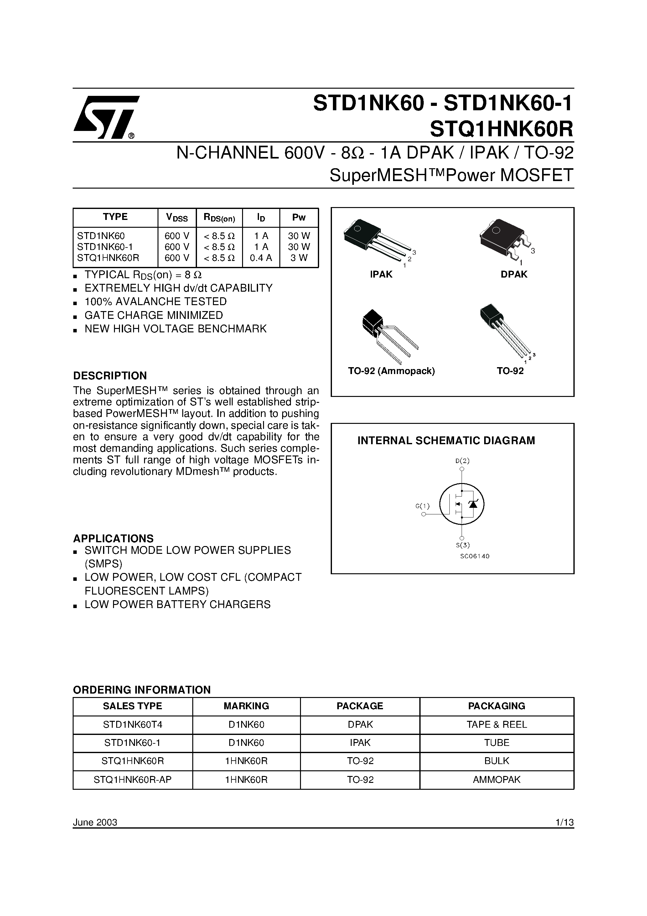 Datasheet STD1NK60 page 1 Datasheet STD1NK60 - N-CHANNEL POWER MOSFET page 1