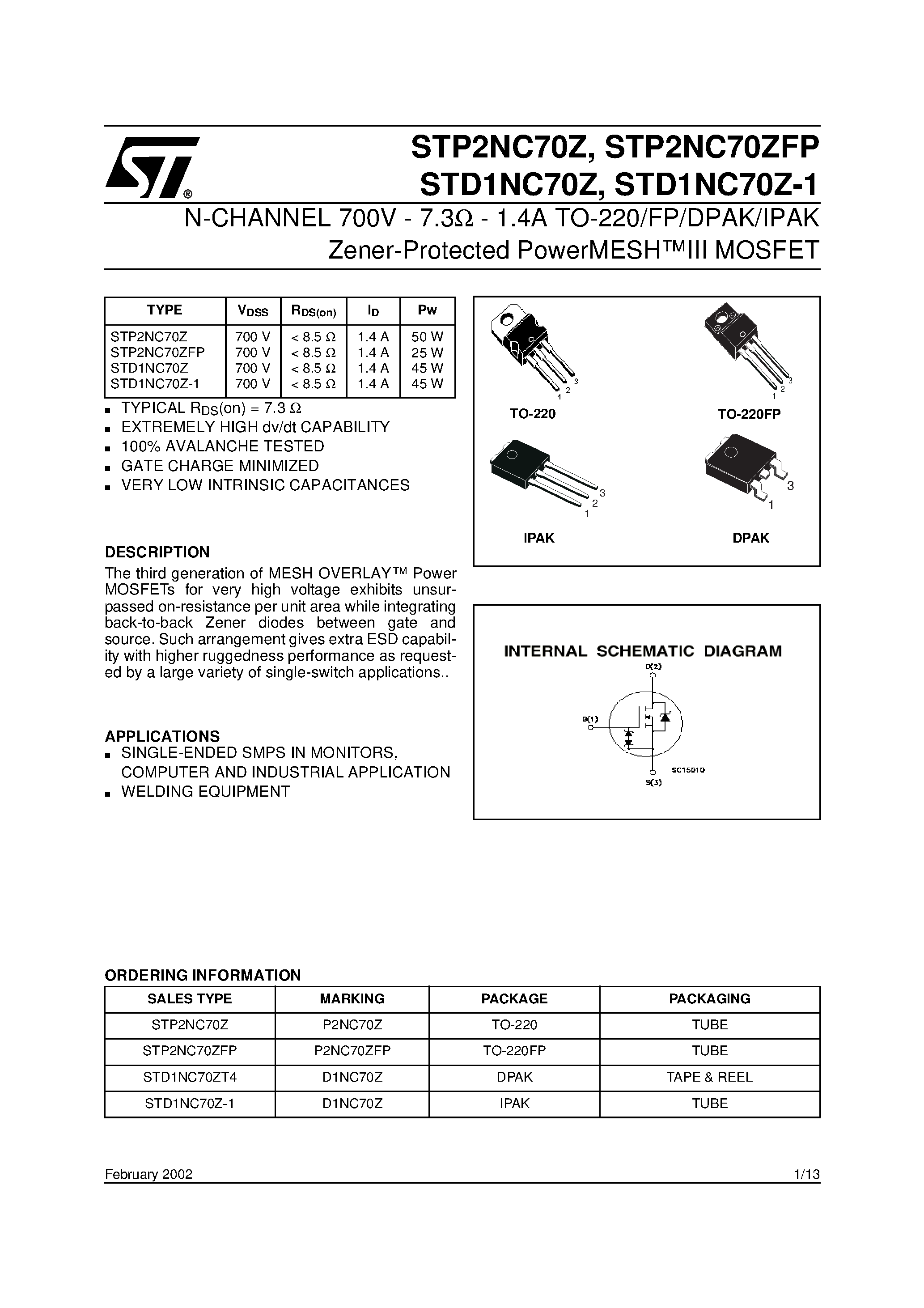 Datasheet STD1NC70Z page 1 Datasheet STD1NC70Z - N-CHANNEL POWER MOSFET page 1