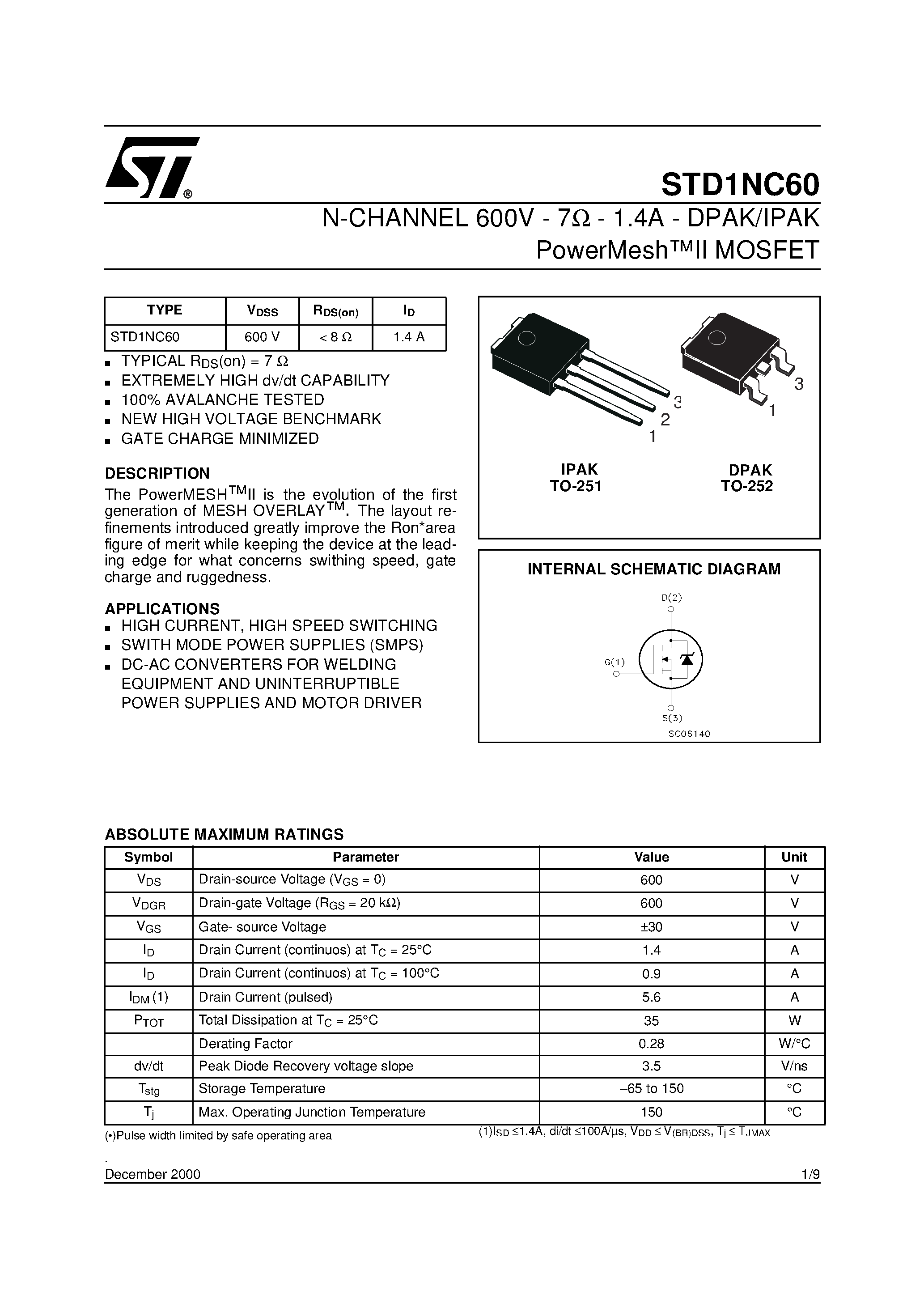 Datasheet STD1NC60 page 1 Datasheet STD1NC60 - N-CHANNEL POWER MOSFET page 1
