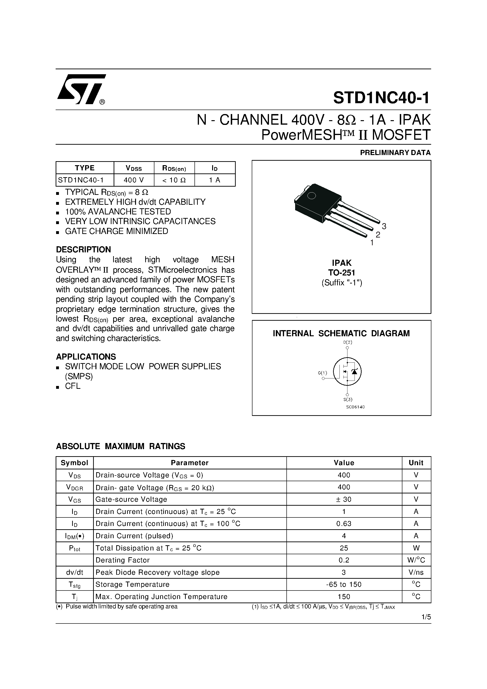 Datasheet STD1NC40-1 page 1 Datasheet STD1NC40-1 - N-CHANNEL POWER MOSFET page 1