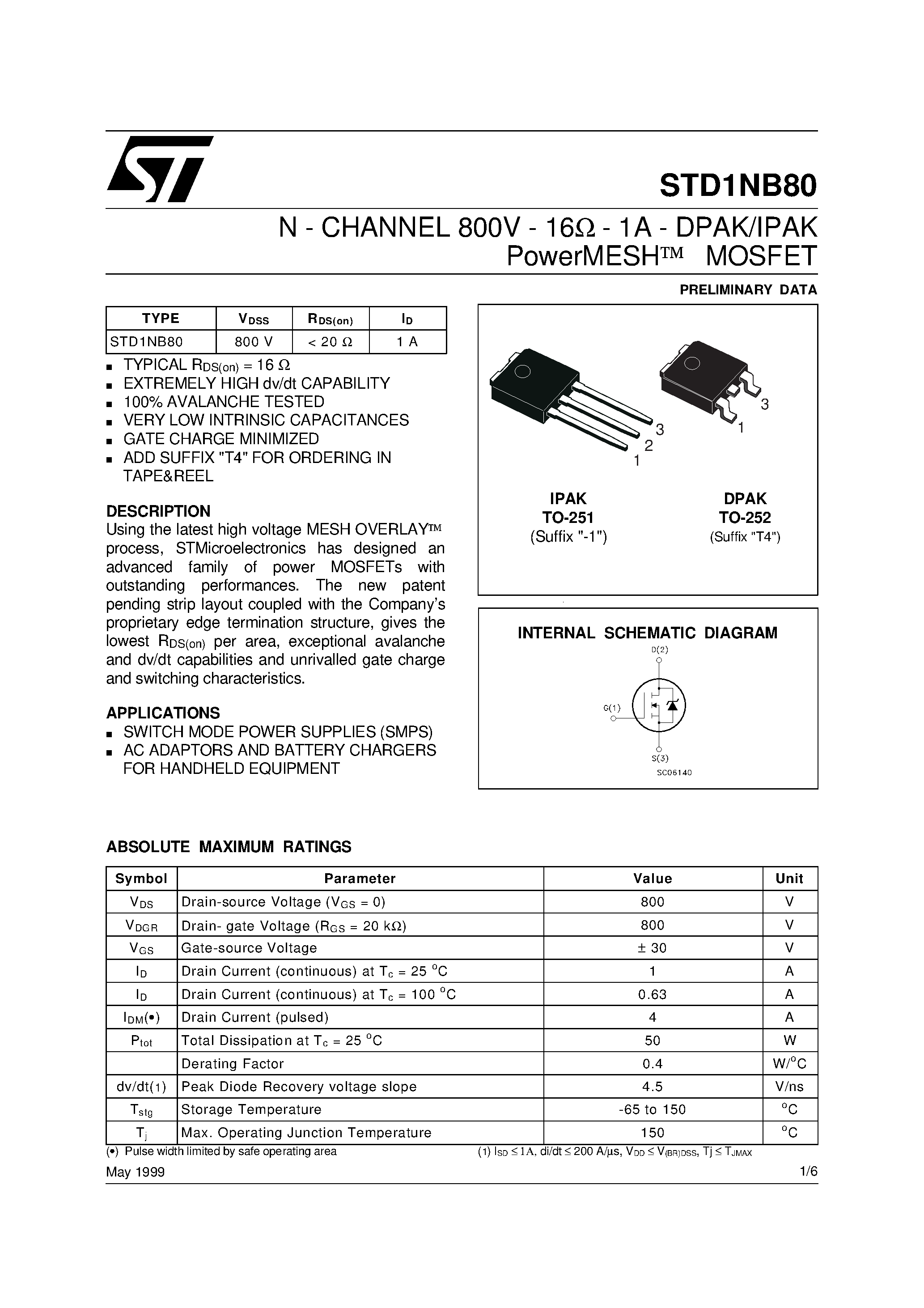 Datasheet STD1NB80 page 1 Datasheet STD1NB80 - N-CHANNEL POWER MOSFET page 1