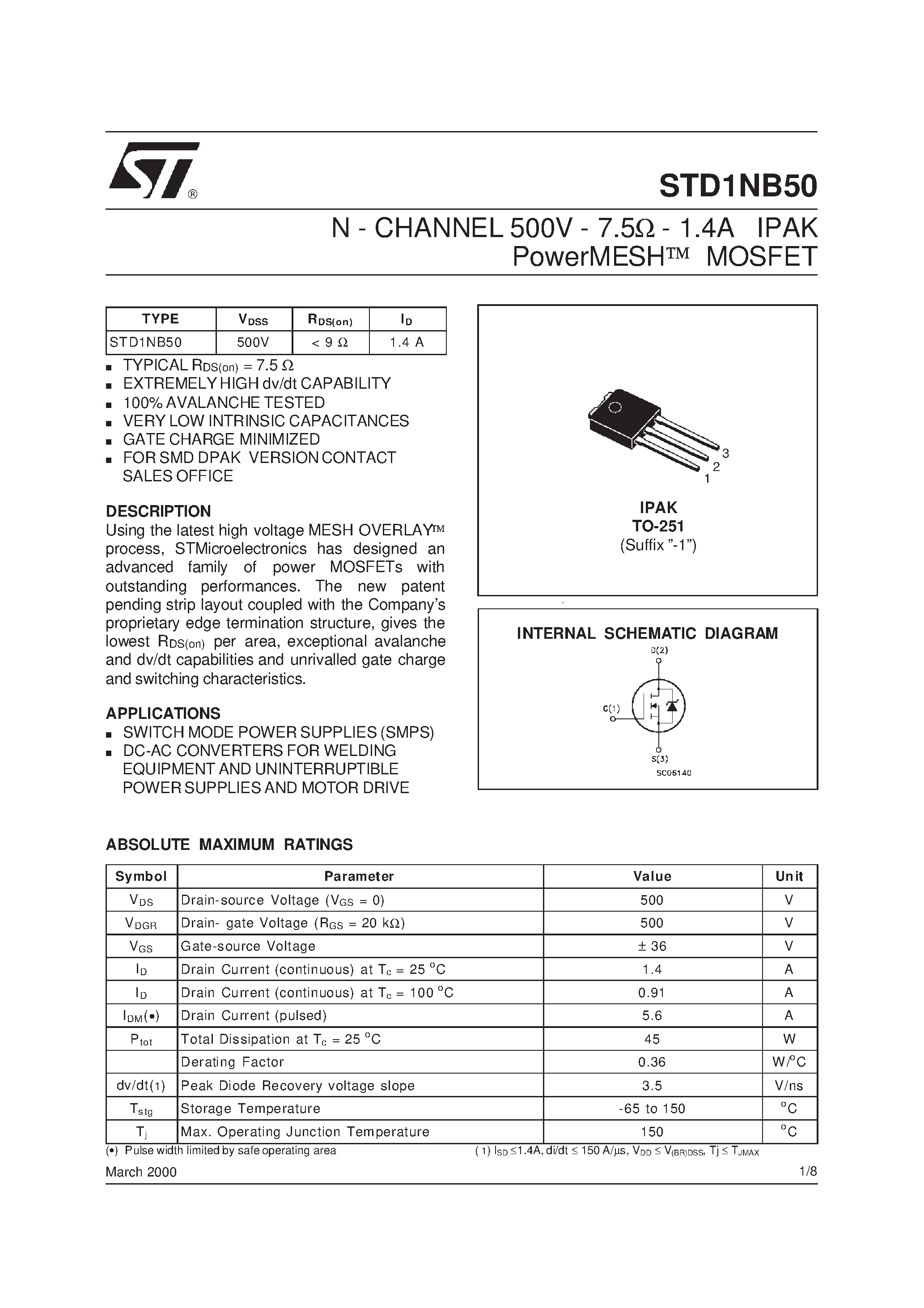 Datasheet STD1NB50 page 1 Datasheet STD1NB50 - N-CHANNEL POWER MOSFET page 1
