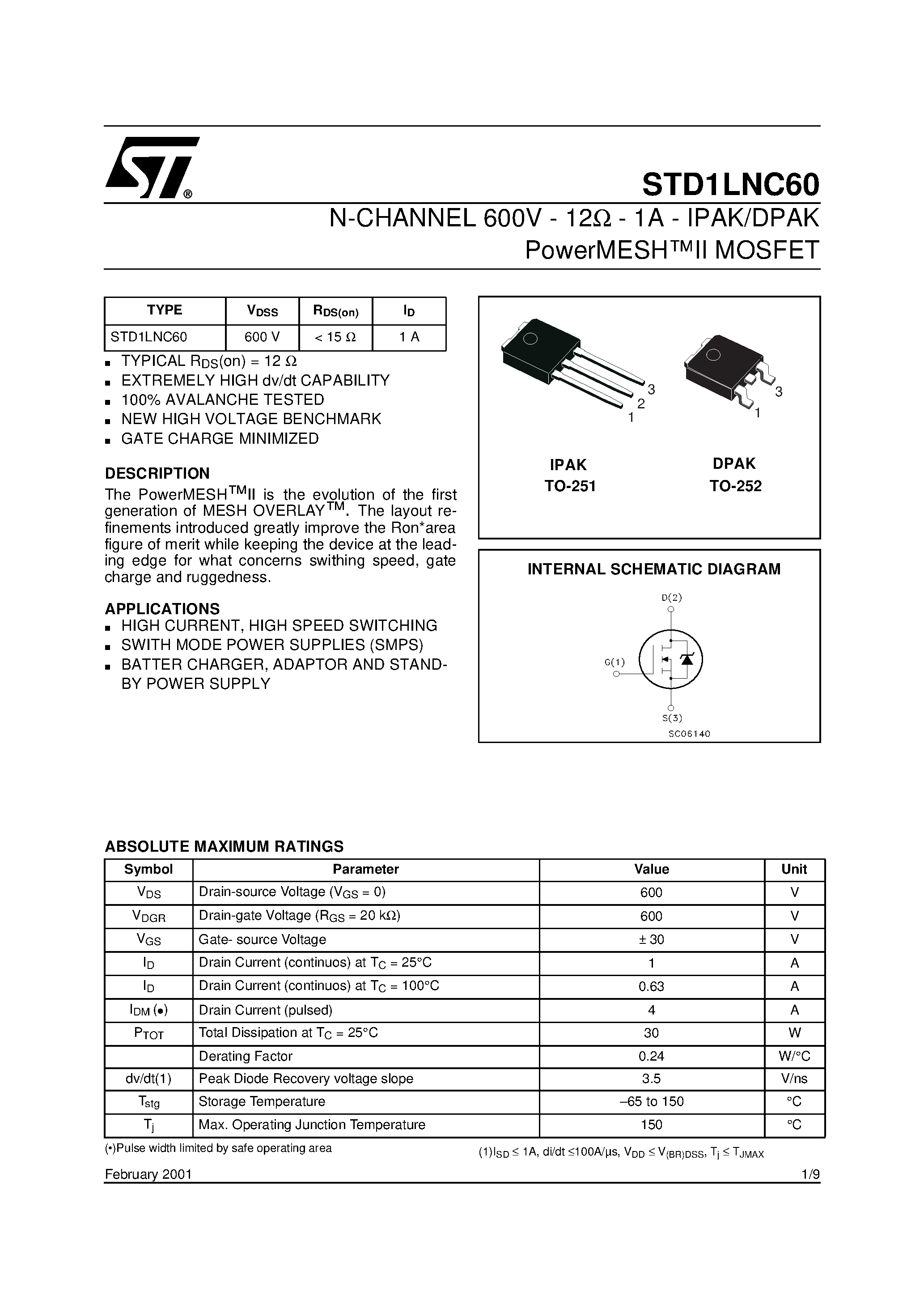 Datasheet STD1LNC60 page 1 Datasheet STD1LNC60 - N-CHANNEL POWER MOSFET page 1