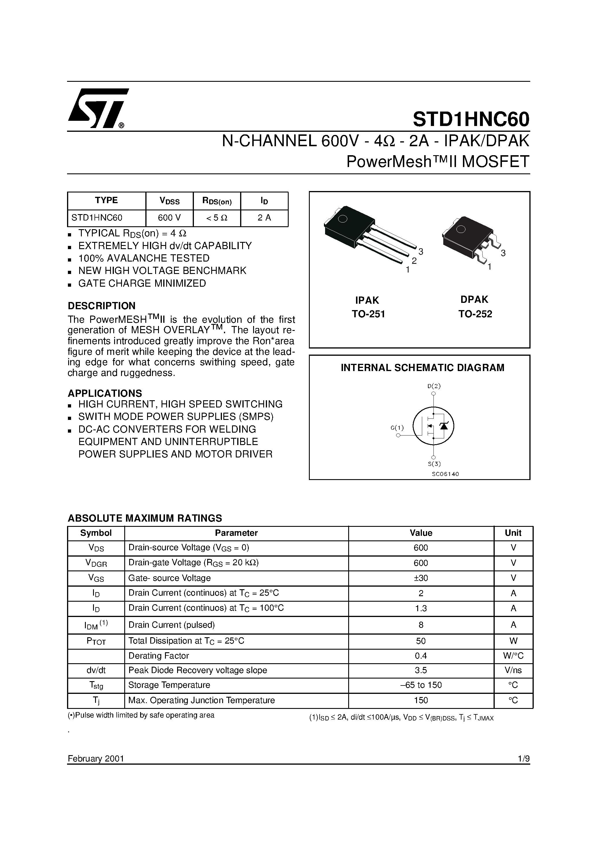 Datasheet STD1HNC60 page 1 Datasheet STD1HNC60 - N-CHANNEL POWER MOSFET page 1