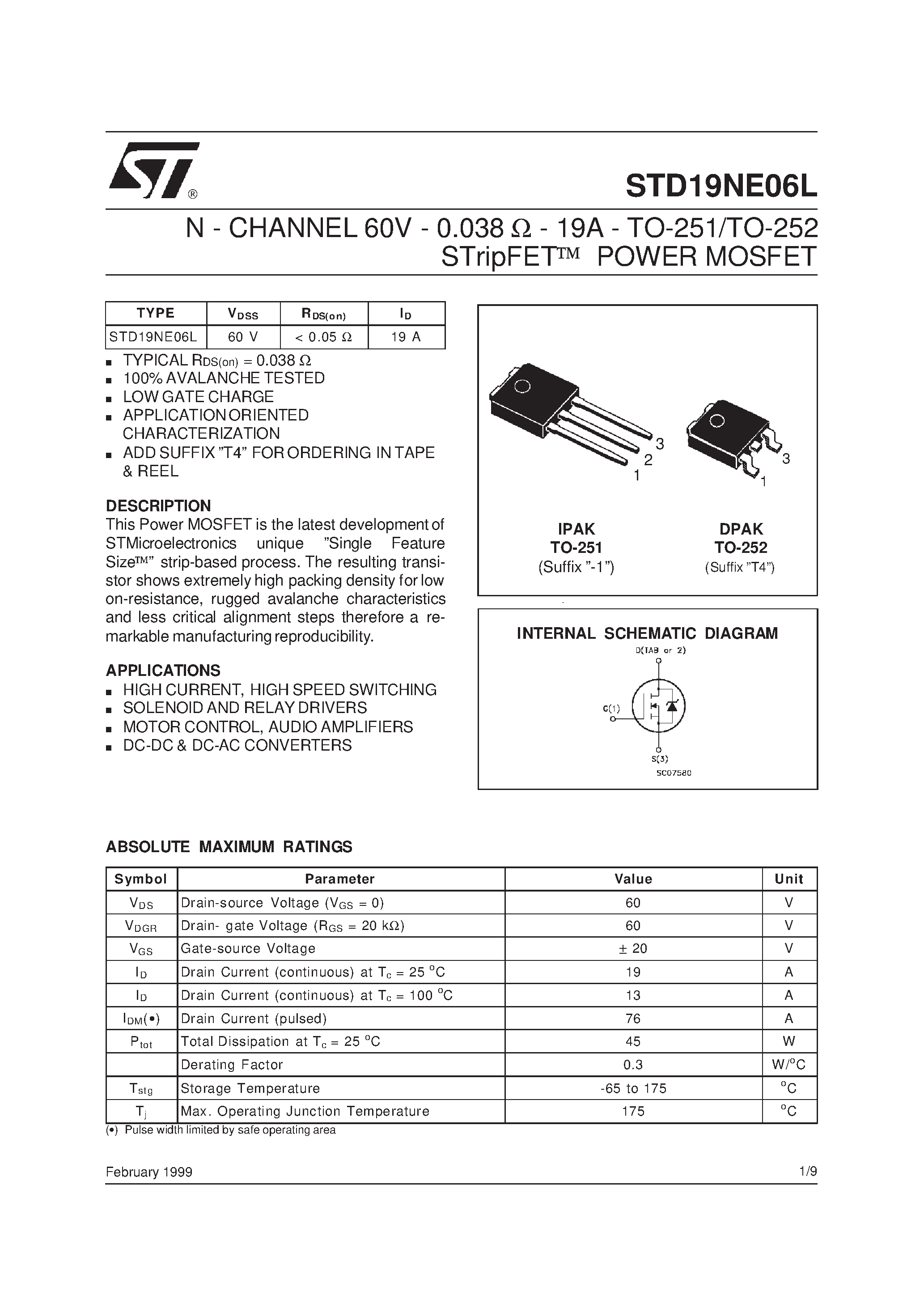 Даташит на микросхему STD19NE06L страница 1 Даташит STD19NE06L - N-CHANNEL POWER MOSFET страница 1