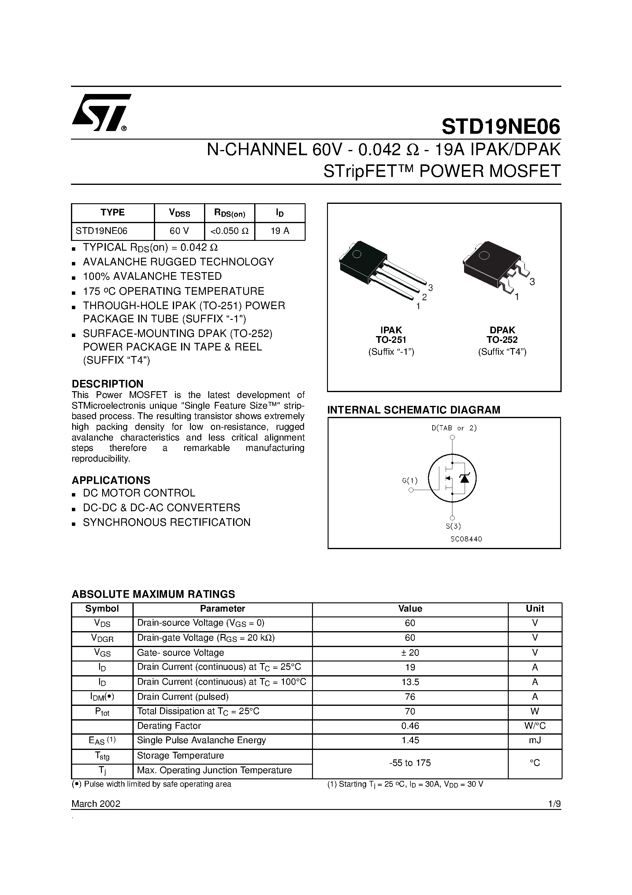 Datasheet STD19NE06 page 1 Datasheet STD19NE06 - N-CHANNEL POWER MOSFET page 1