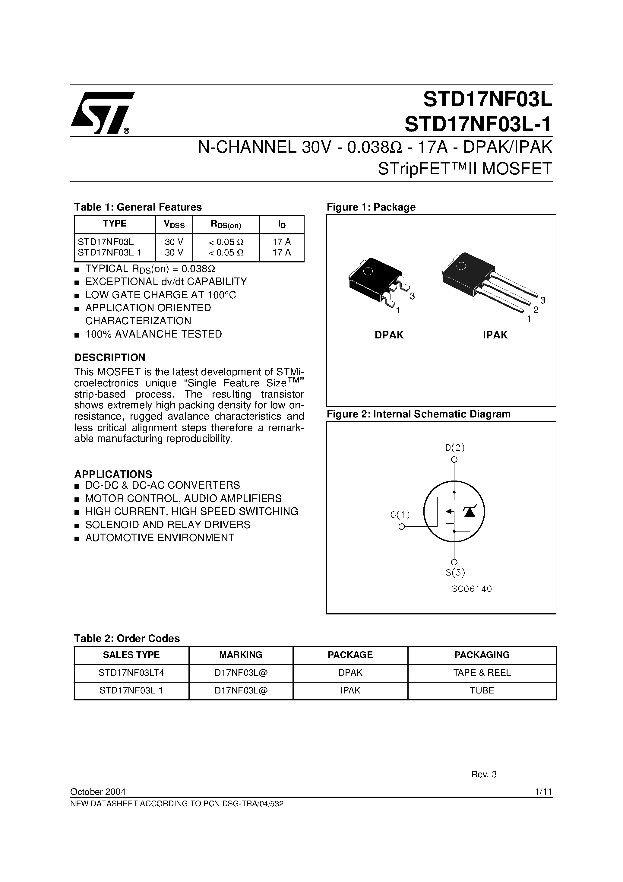 Datasheet STD17NF03L page 1 Datasheet STD17NF03L - N-CHANNEL POWER MOSFET page 1