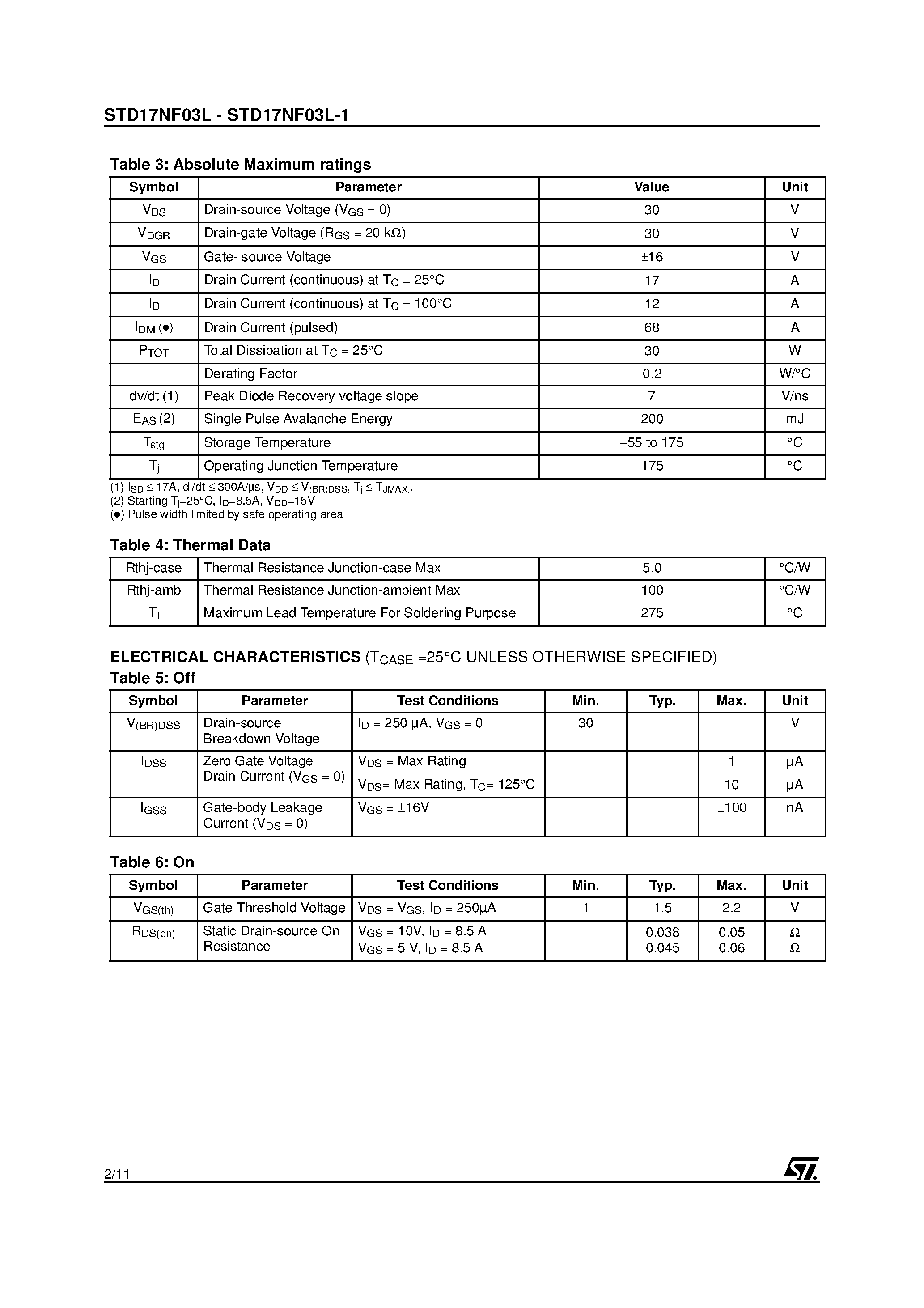 Datasheet STD17NF03L page 2 Datasheet STD17NF03L - N-CHANNEL POWER MOSFET page 2