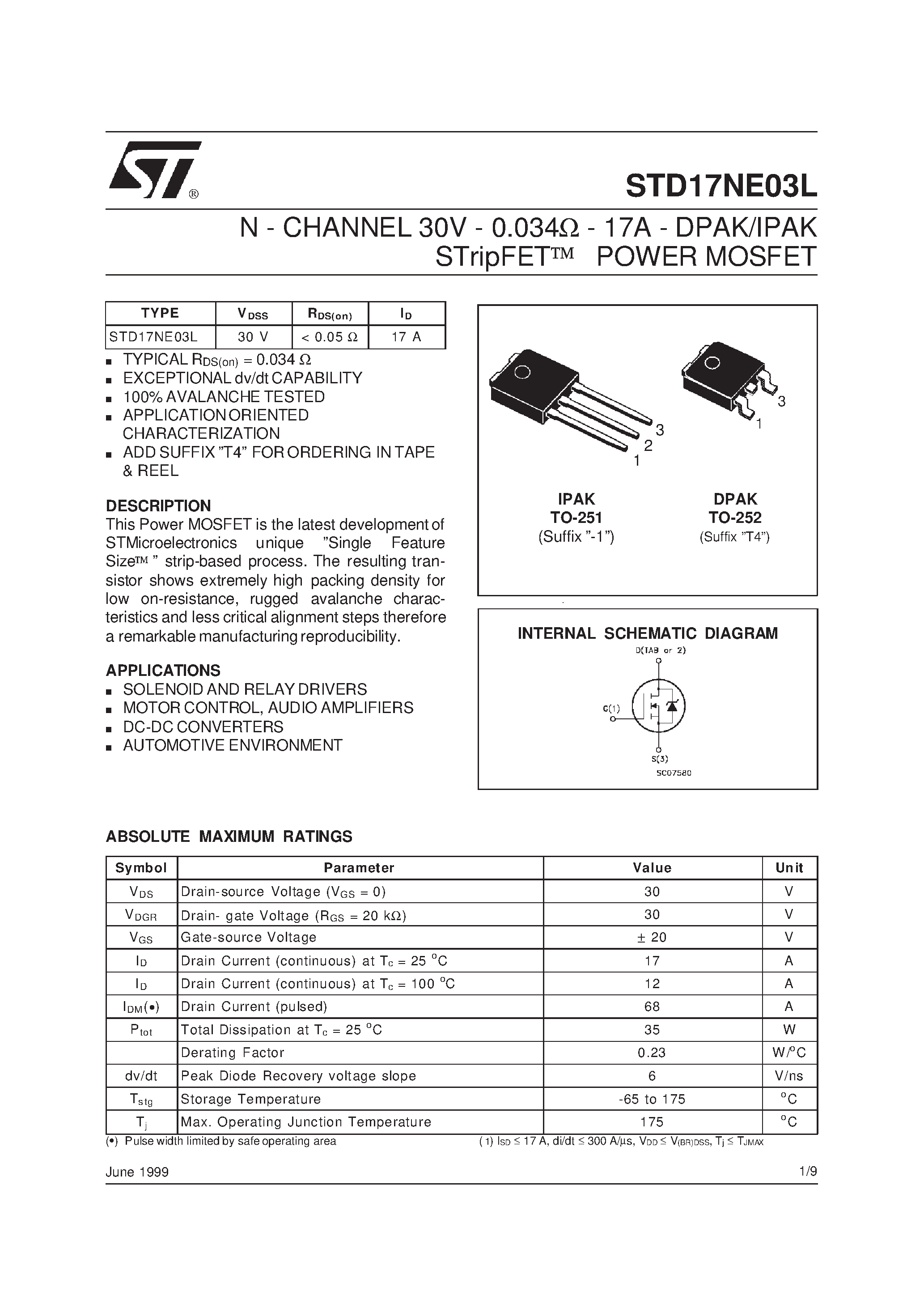 Datasheet STD17NE03L page 1 Datasheet STD17NE03L - N-CHANNEL POWER MOSFET page 1