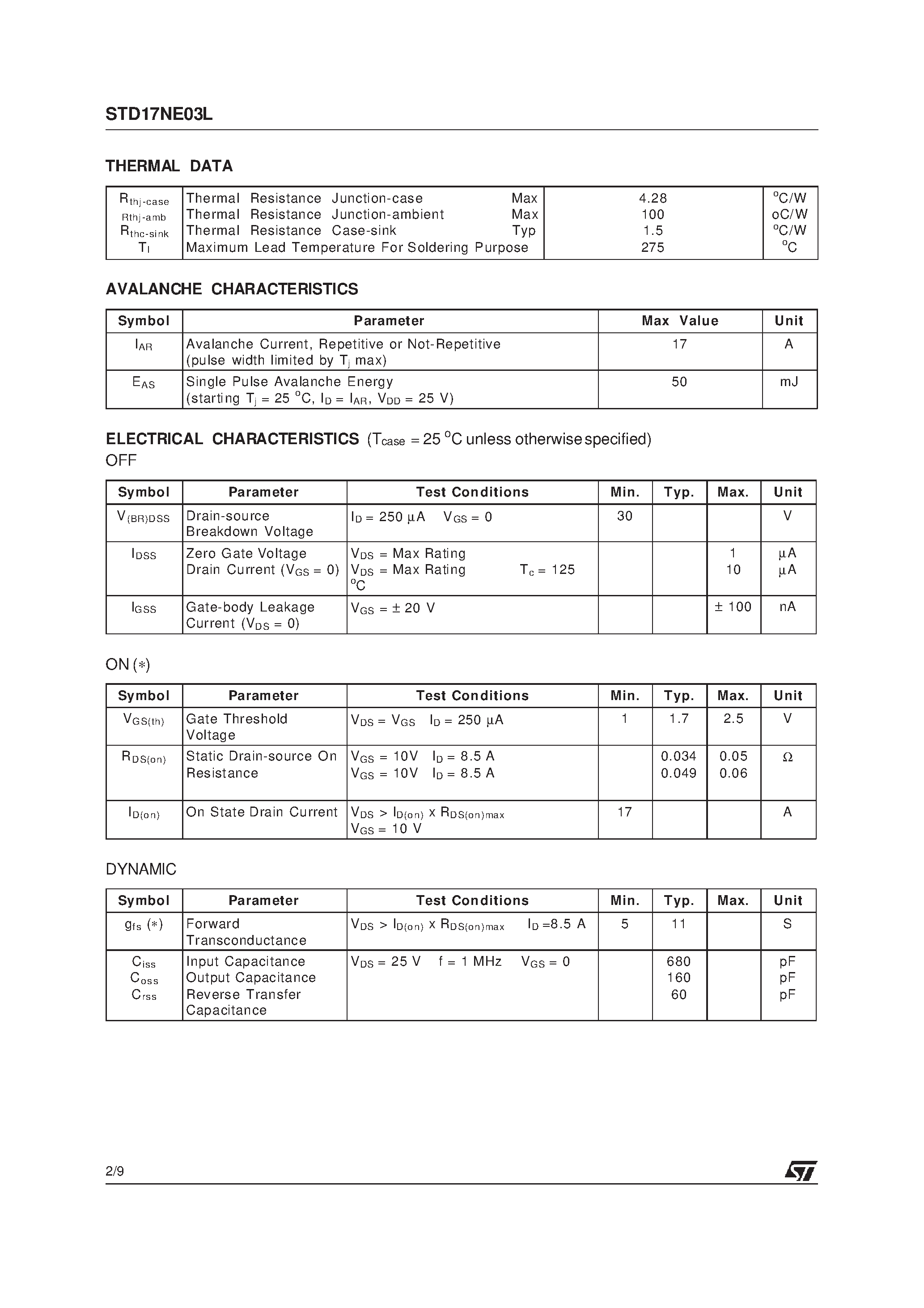 Datasheet STD17NE03L page 2 Datasheet STD17NE03L - N-CHANNEL POWER MOSFET page 2