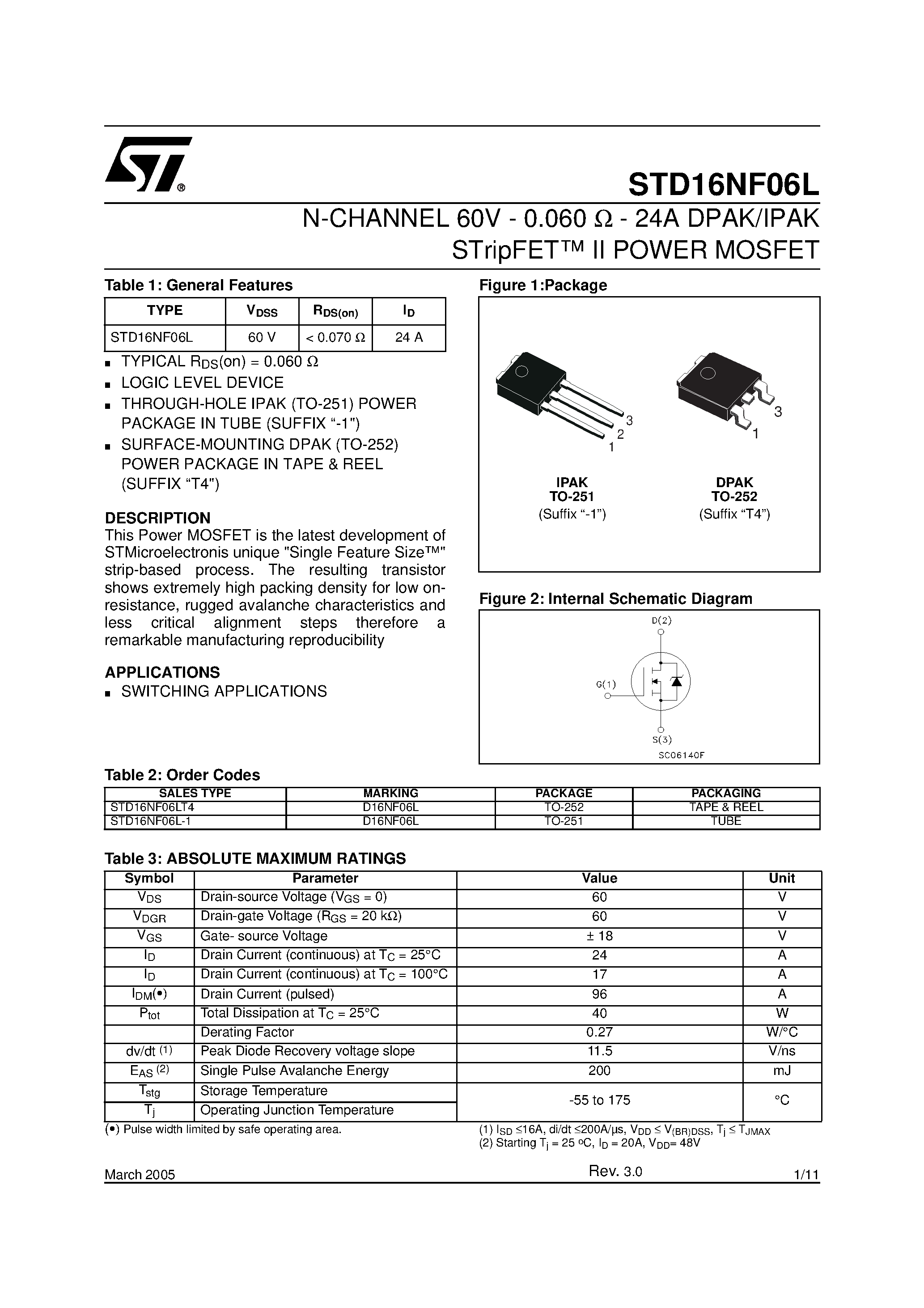 Datasheet STD16NF06L page 1 Datasheet STD16NF06L - N-CHANNEL POWER MOSFET page 1