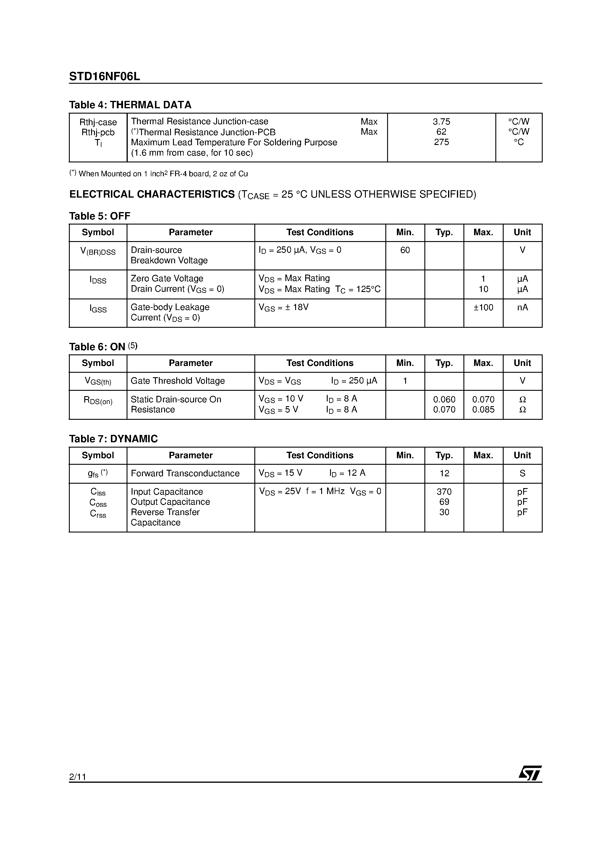 Datasheet STD16NF06L page 2 Datasheet STD16NF06L - N-CHANNEL POWER MOSFET page 2