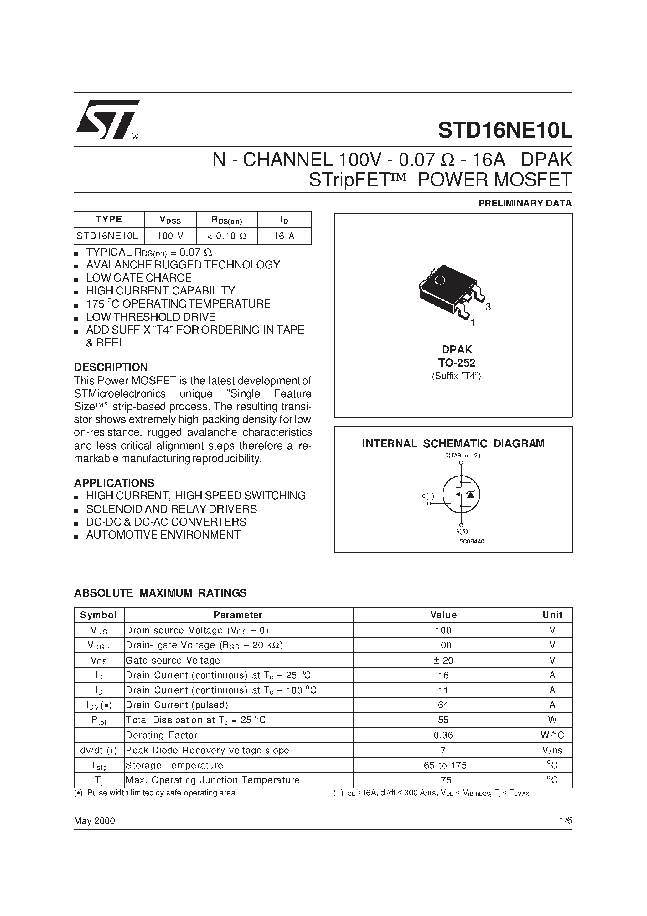 Datasheet STD16NE10L page 1 Datasheet STD16NE10L - N-CHANNEL POWER MOSFET page 1