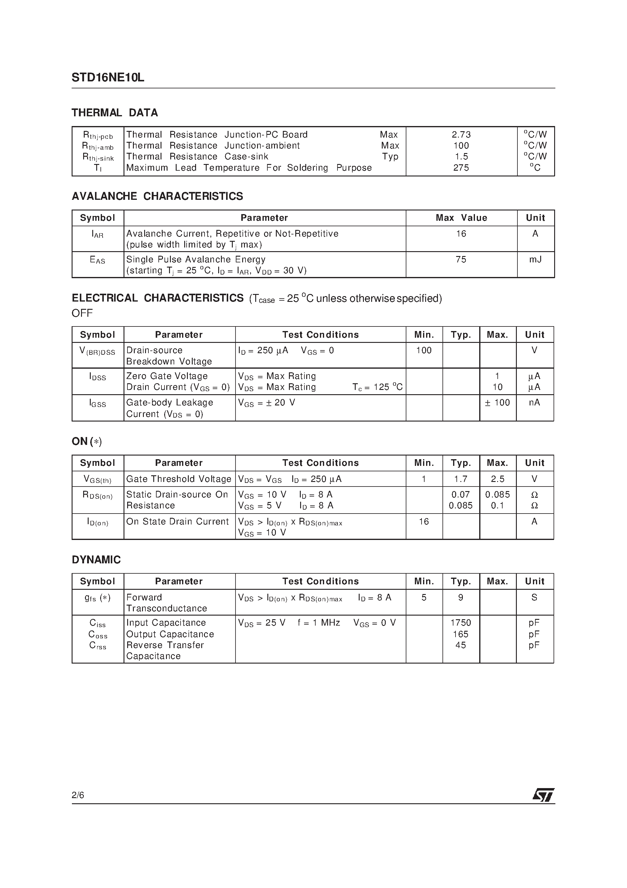 Datasheet STD16NE10L page 2 Datasheet STD16NE10L - N-CHANNEL POWER MOSFET page 2