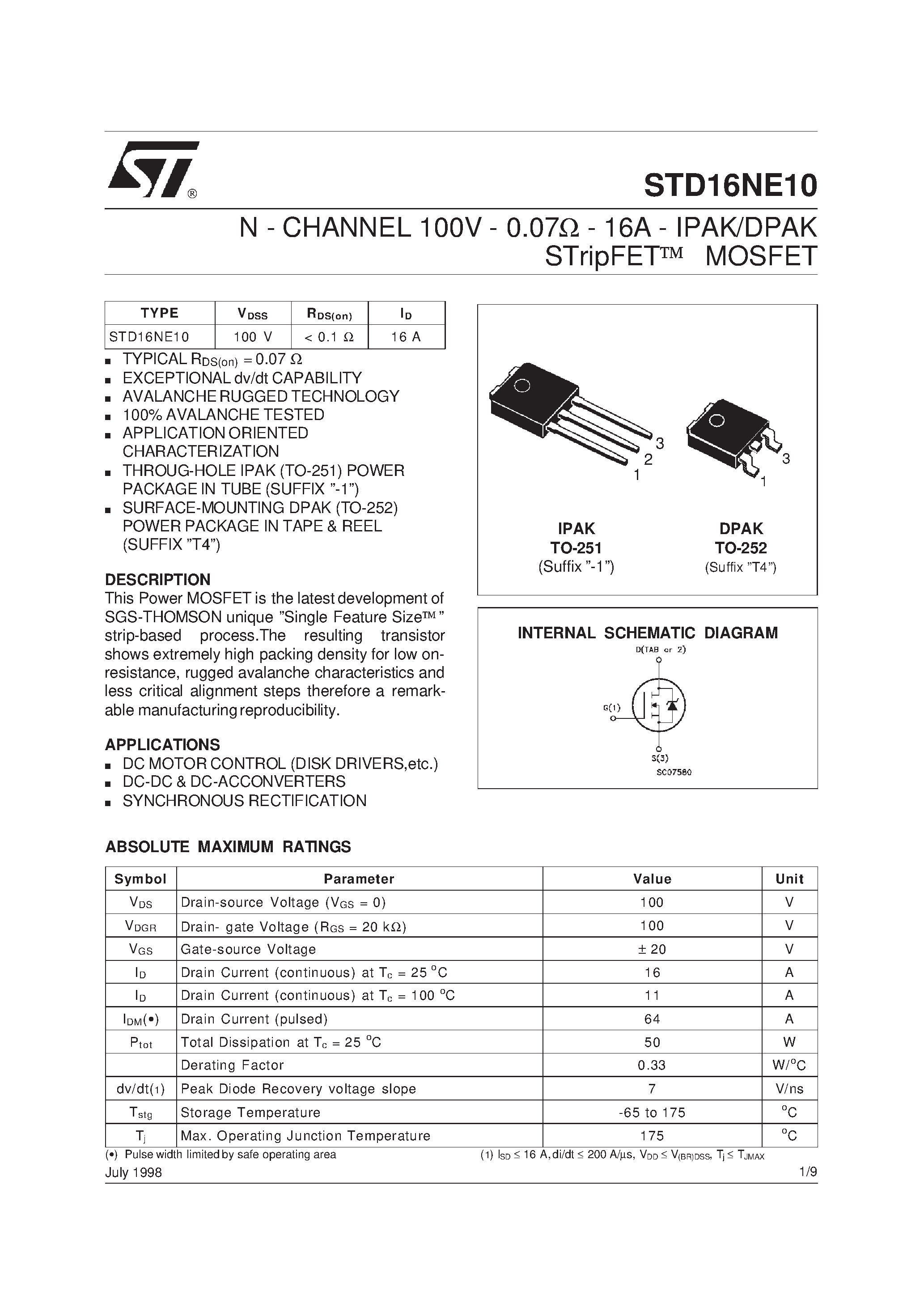 Datasheet STD16NE10 page 1 Datasheet STD16NE10 - N-CHANNEL POWER MOSFET page 1