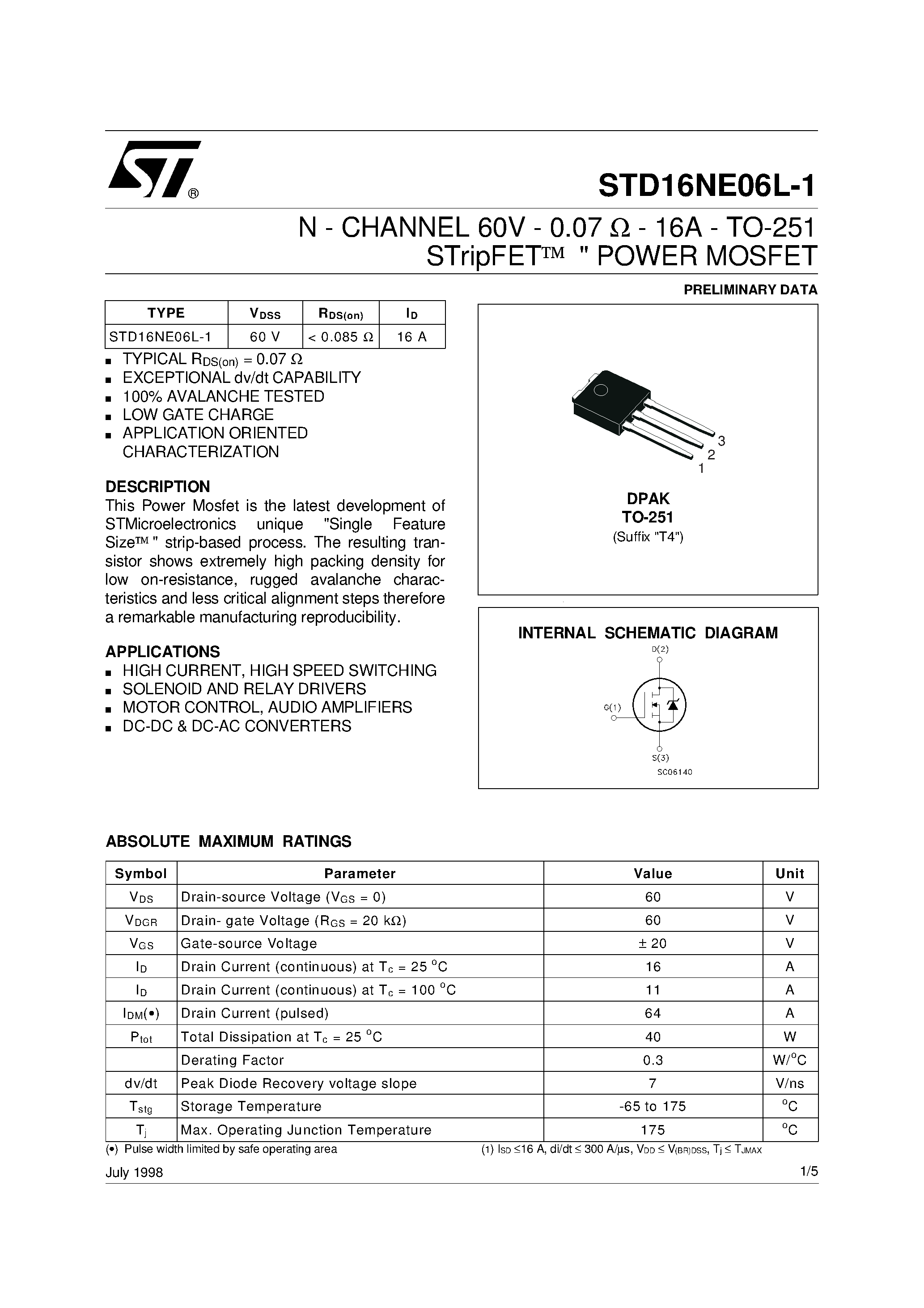 Datasheet STD16NE06L-1 - N-CHANNEL POWER MOSFET page 1