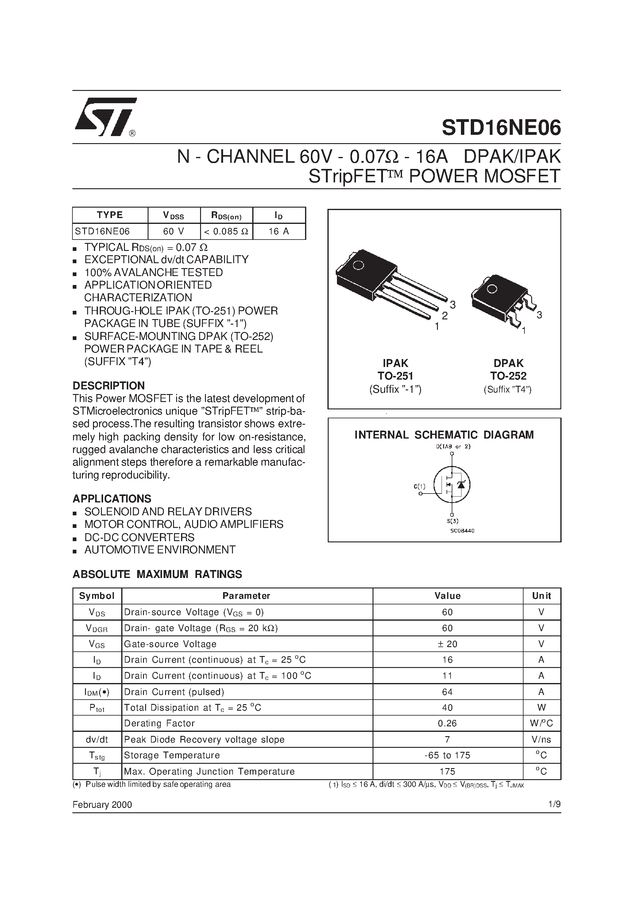 Datasheet STD16NE06 - N-CHANNEL POWER MOSFET page 1