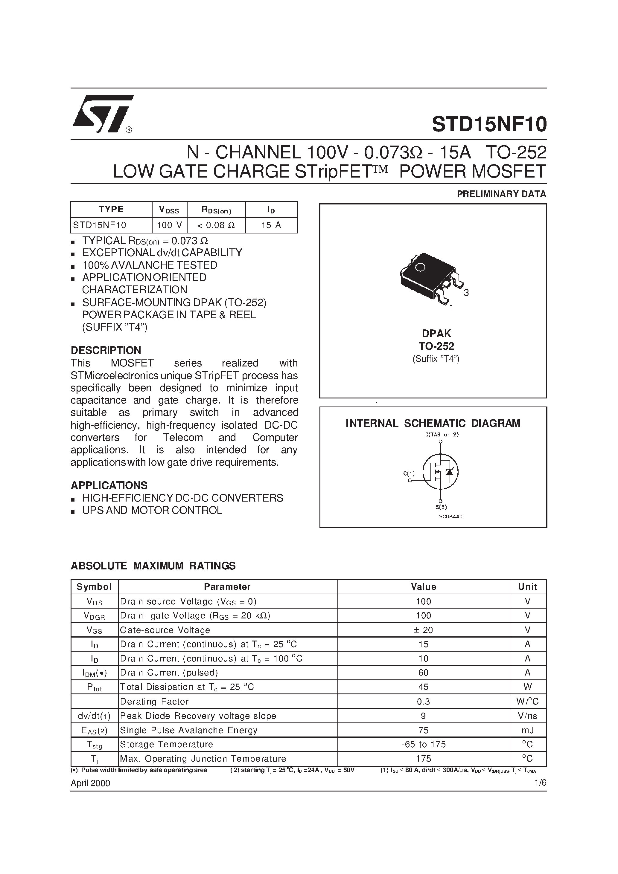 Datasheet STD15NF10 page 1 Datasheet STD15NF10 - N-CHANNEL POWER MOSFET page 1