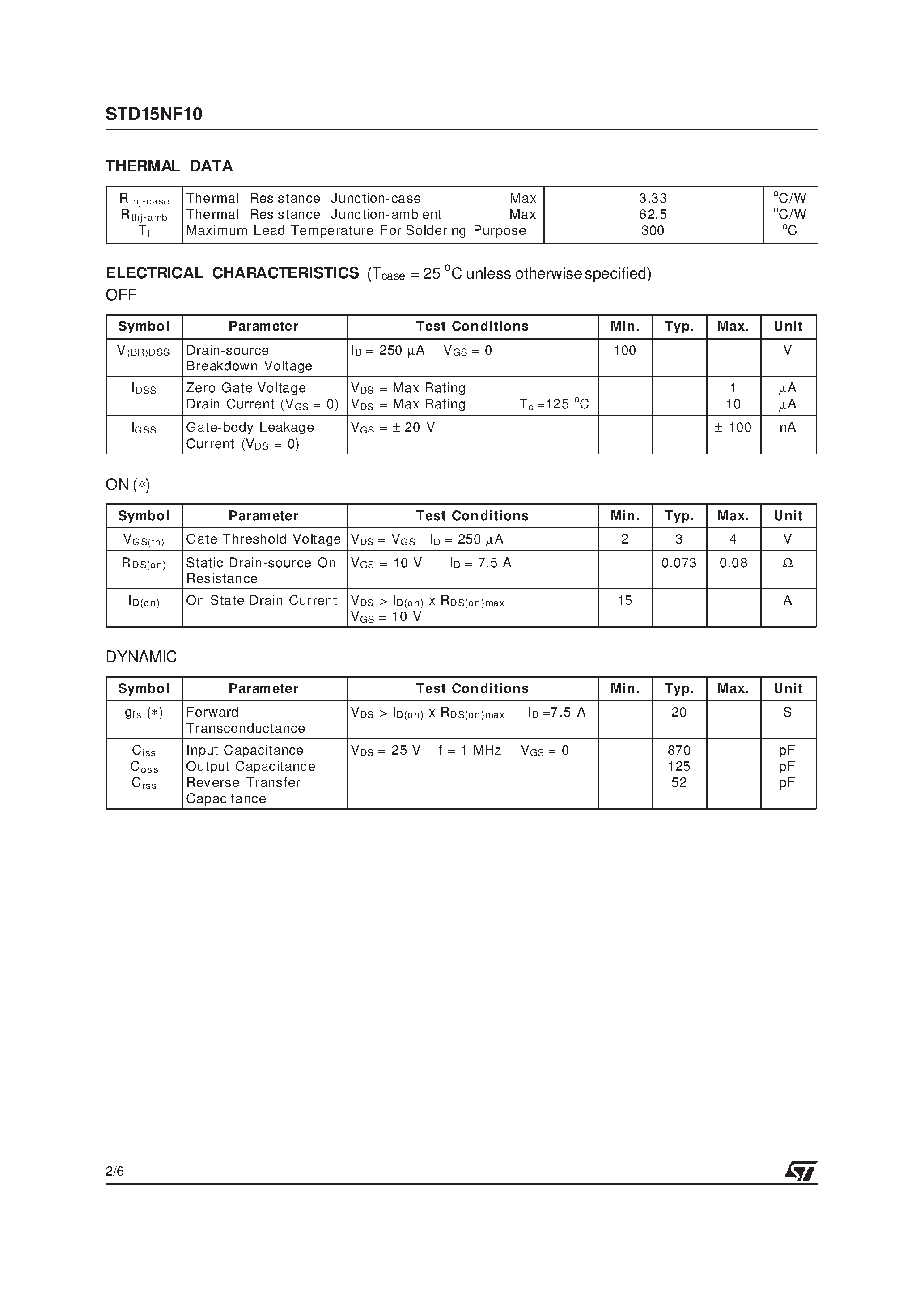 Datasheet STD15NF10 page 2 Datasheet STD15NF10 - N-CHANNEL POWER MOSFET page 2