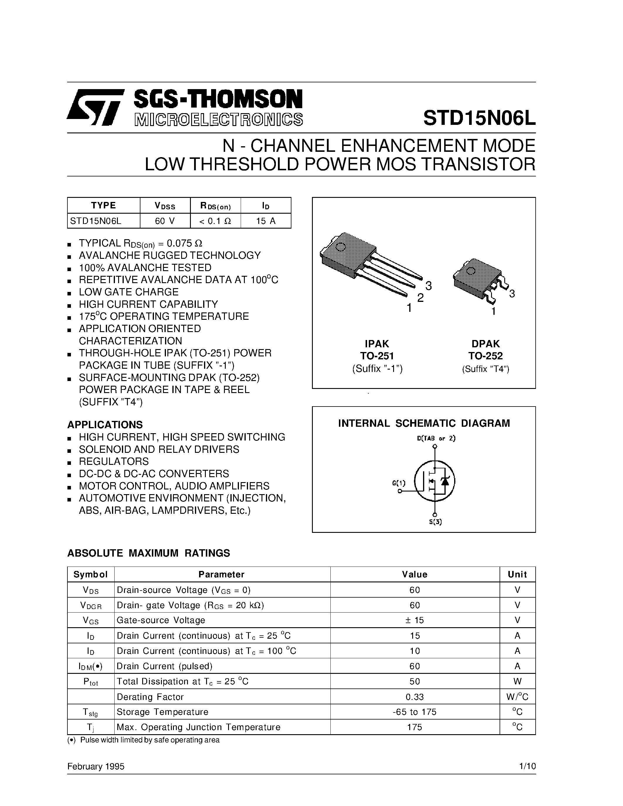Datasheet STD15N06L page 1 Datasheet STD15N06L - N-CHANNEL POWER MOSFET page 1