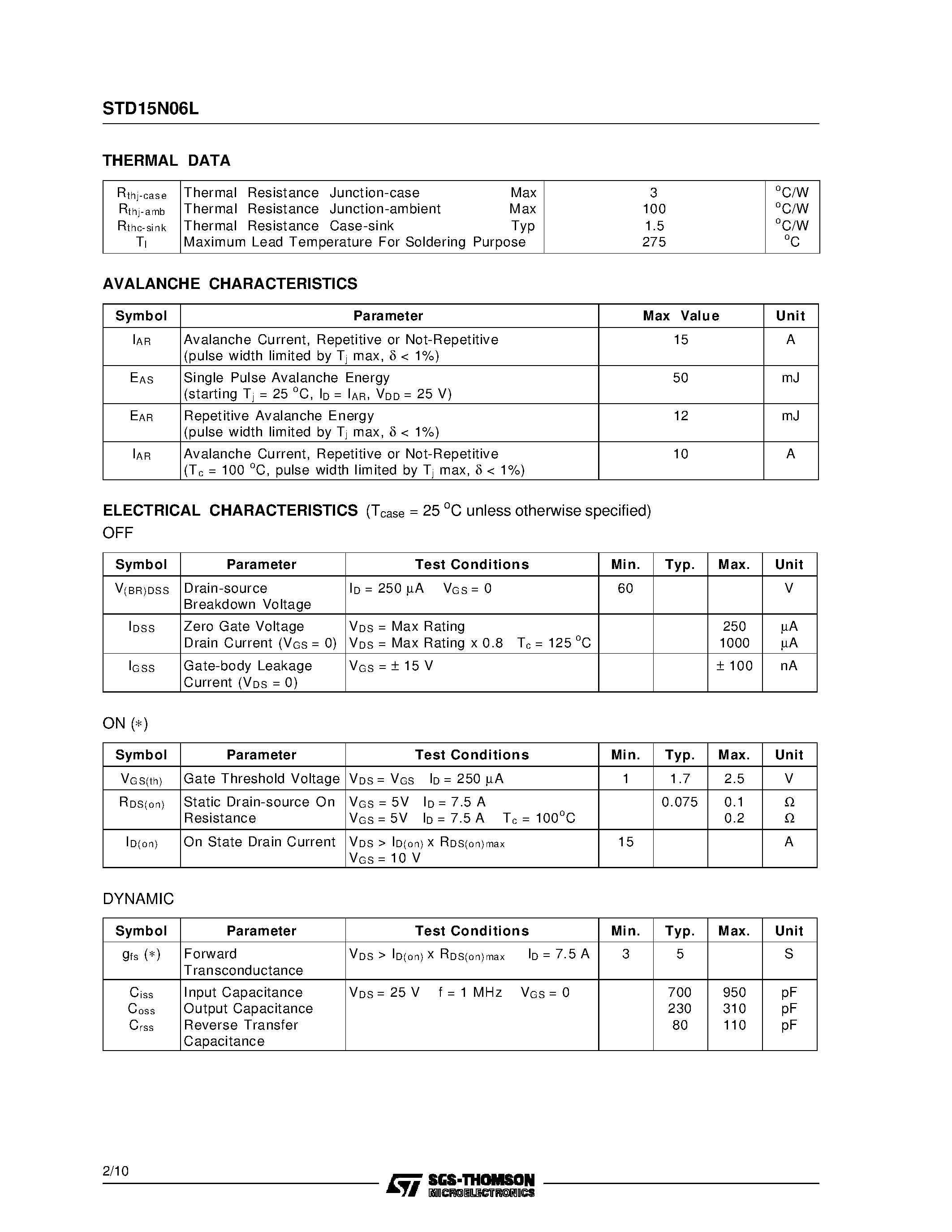 Datasheet STD15N06L page 2 Datasheet STD15N06L - N-CHANNEL POWER MOSFET page 2